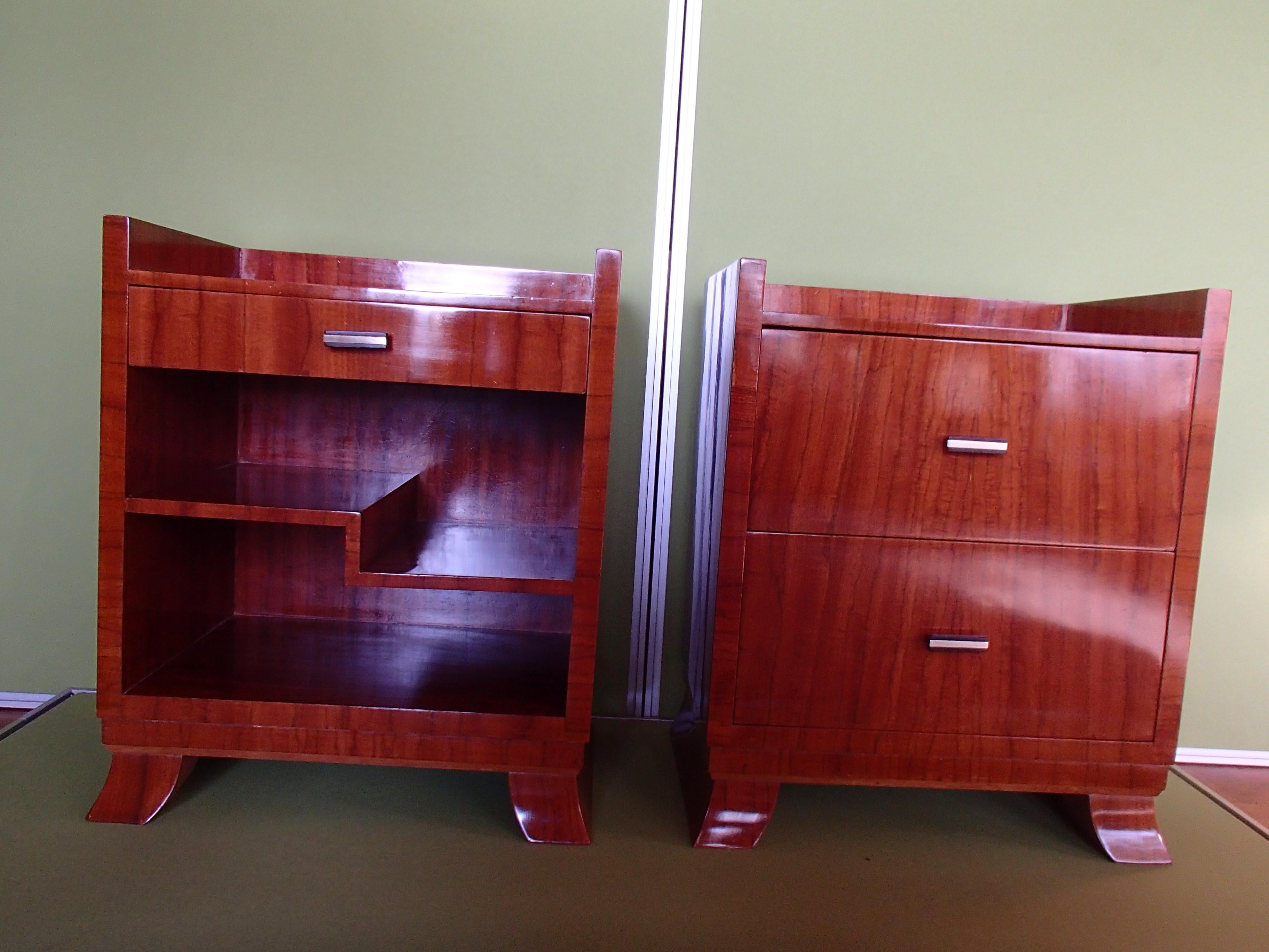 Pair Art Deco Bauhaus Cubistic night stands or side table with bakelite handles.