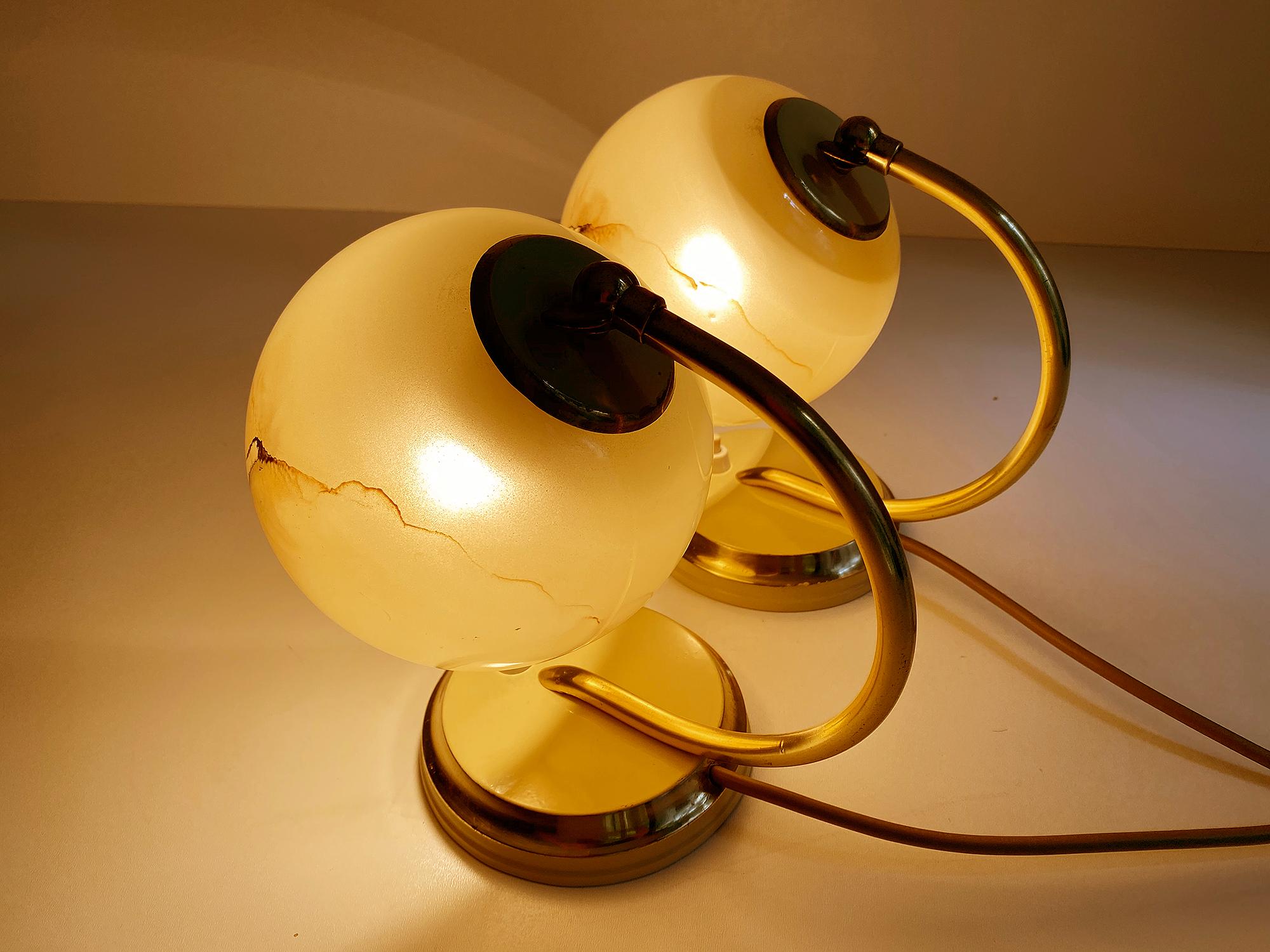 Opaline Glass Pair of 1930s Art Deco Bauhaus Table Lamps Lights, Opaline Marble Glass  Brass For Sale