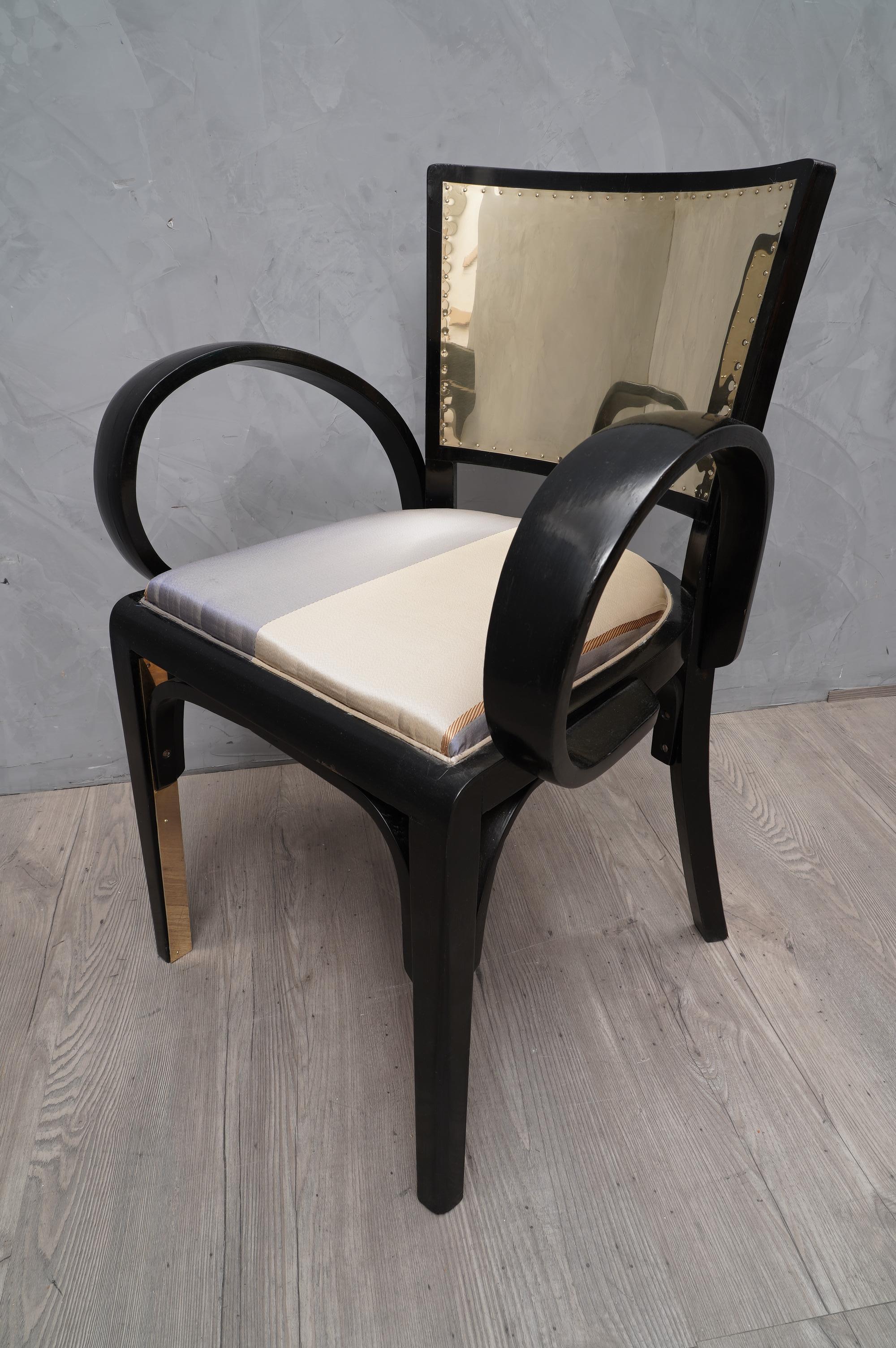 Pair Art Deco Black Lacquer and Brass Italian Armchairs, 1920  In Good Condition In Rome, IT