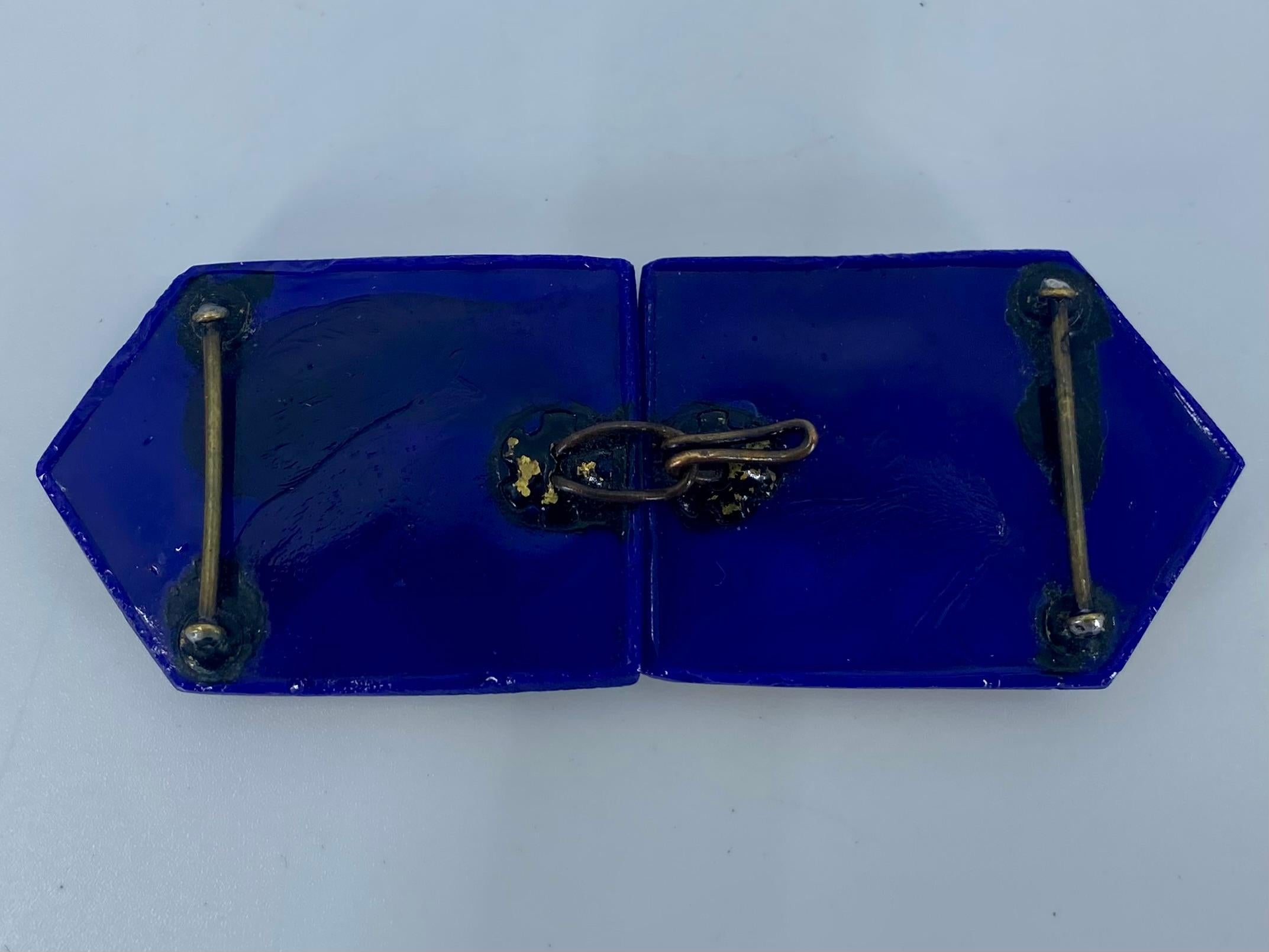 Paar blaue und goldene Glas-Emaille-Schnallen im Art-Deco-Stil im Angebot 3