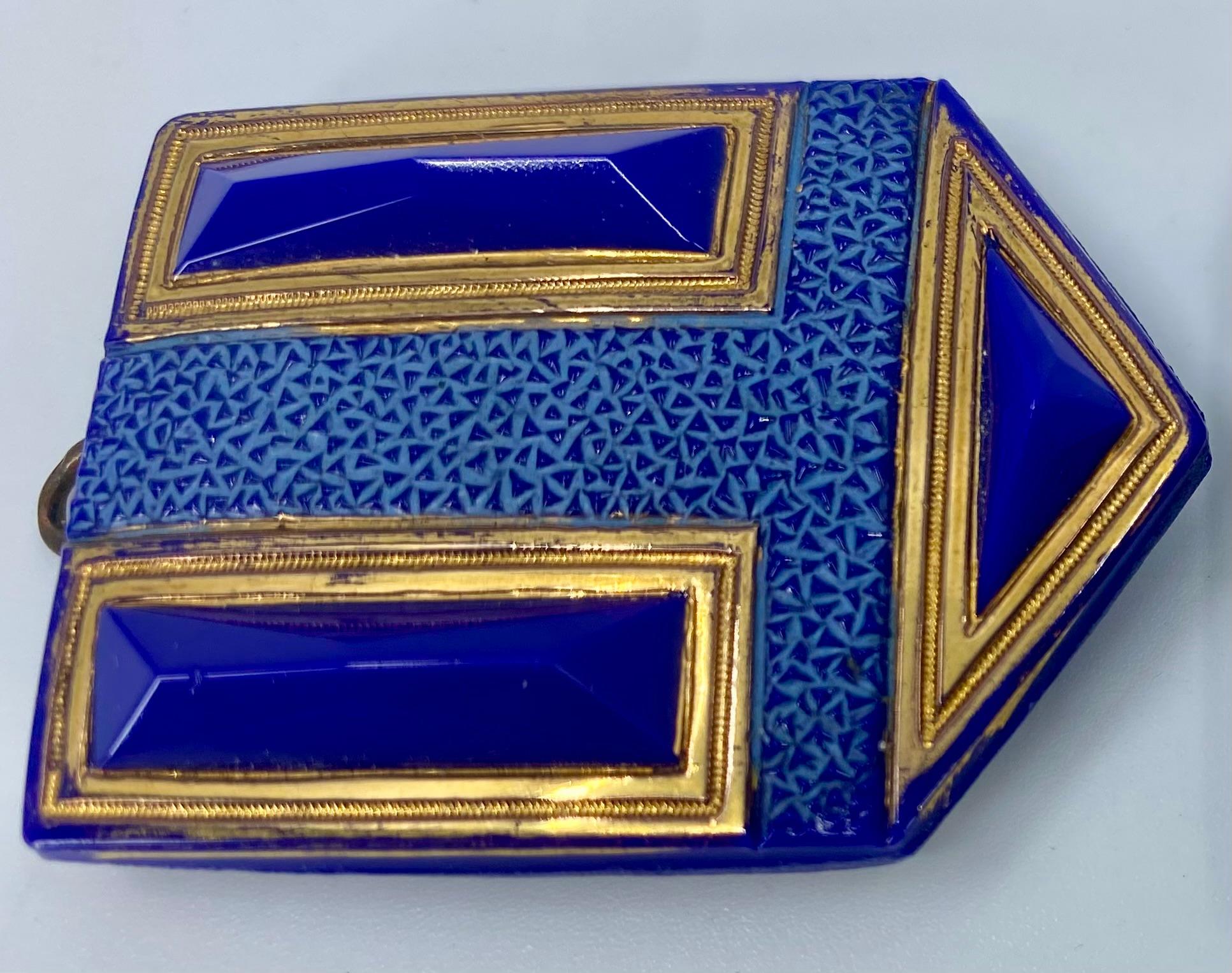 Paar blaue und goldene Glas-Emaille-Schnallen im Art-Deco-Stil (Art déco) im Angebot
