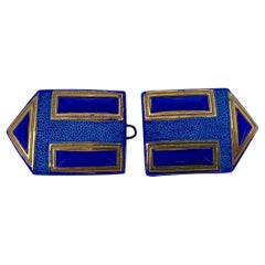 Pair Art Deco Blue and Gold Glass Enamel Buckles