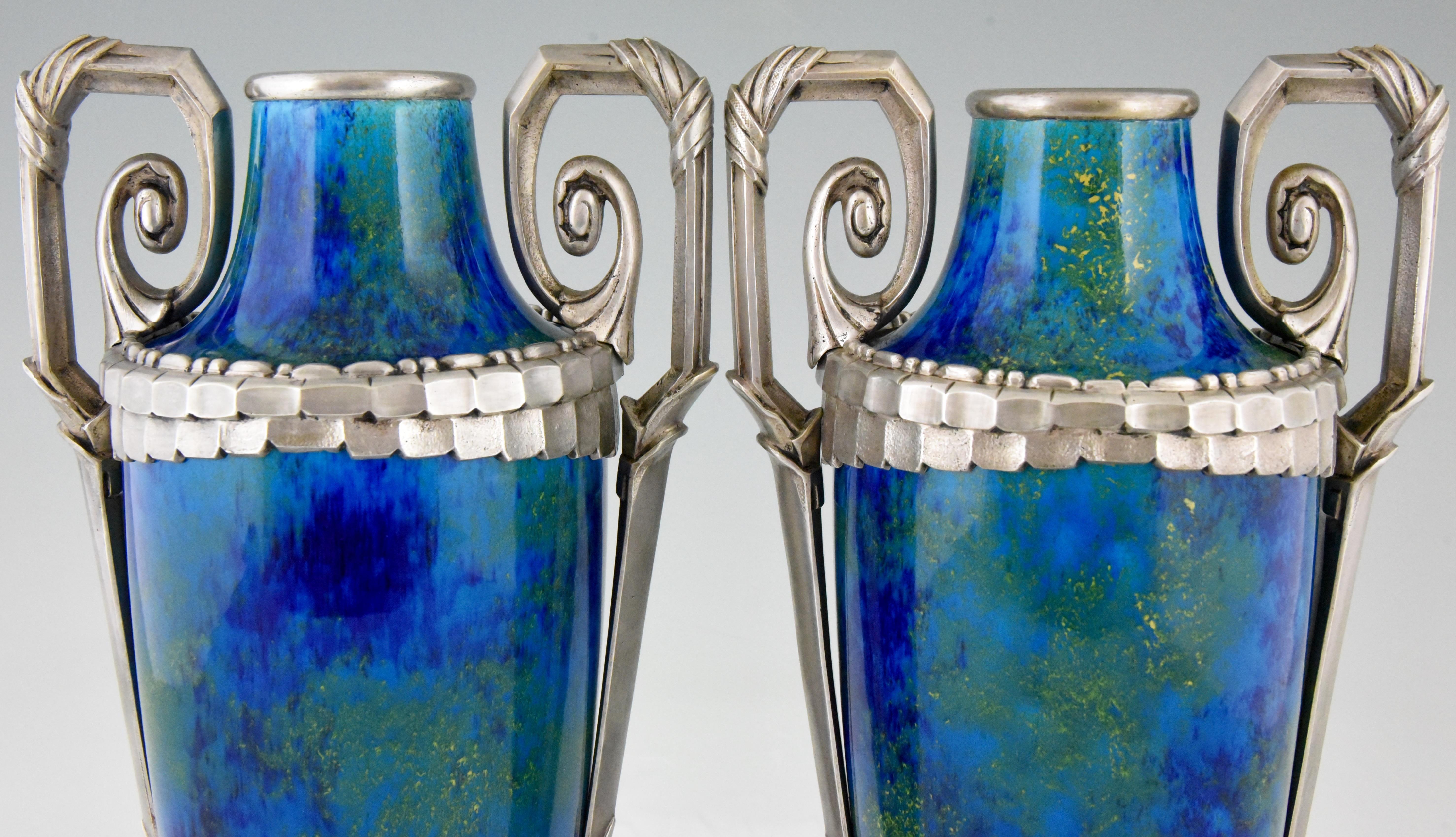 Pair of Art Deco Blue Ceramic and Bronze Vases Paul Milet for Sevres 1920 France 5