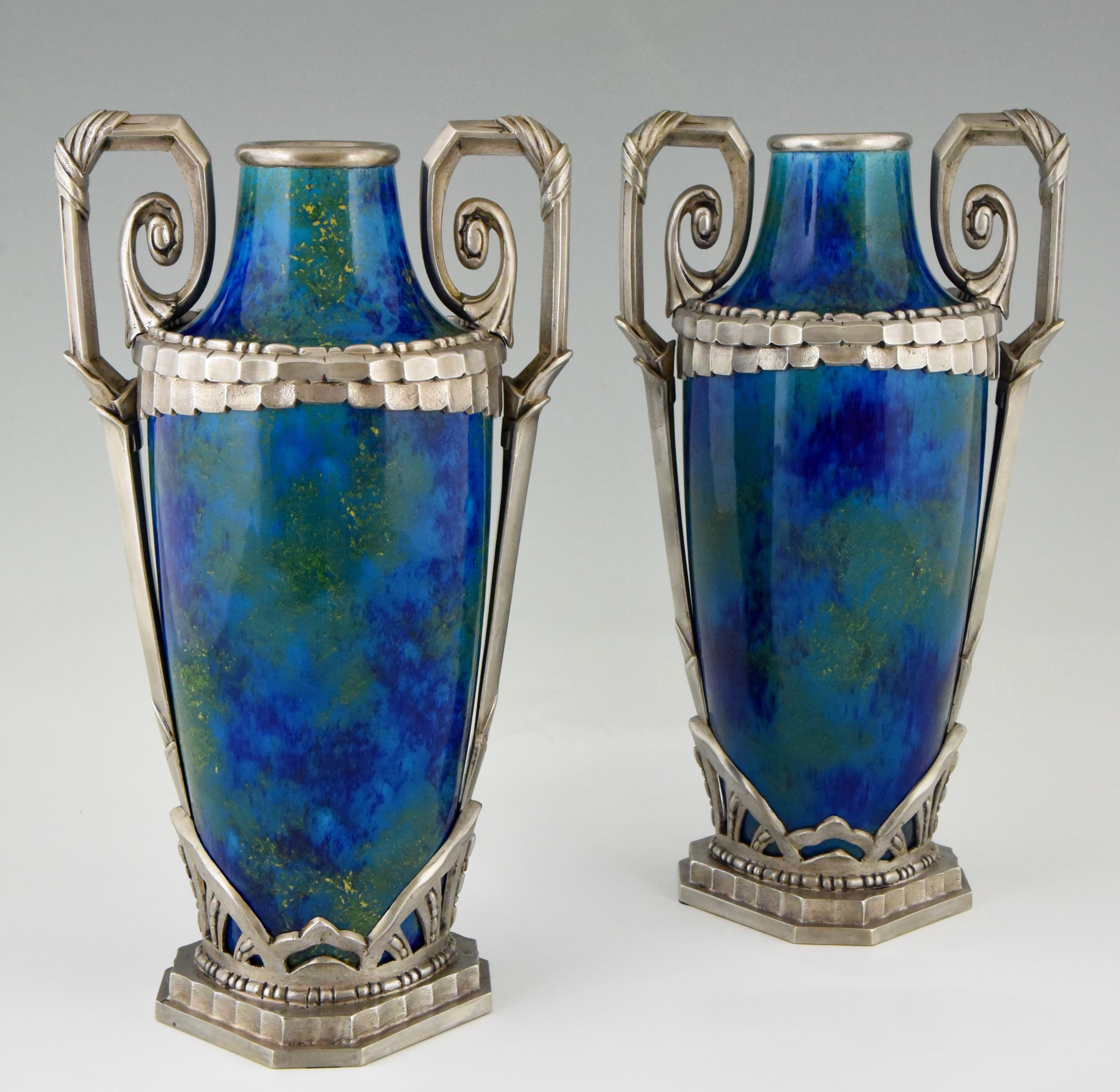French Pair of Art Deco Blue Ceramic and Bronze Vases Paul Milet for Sevres 1920 France
