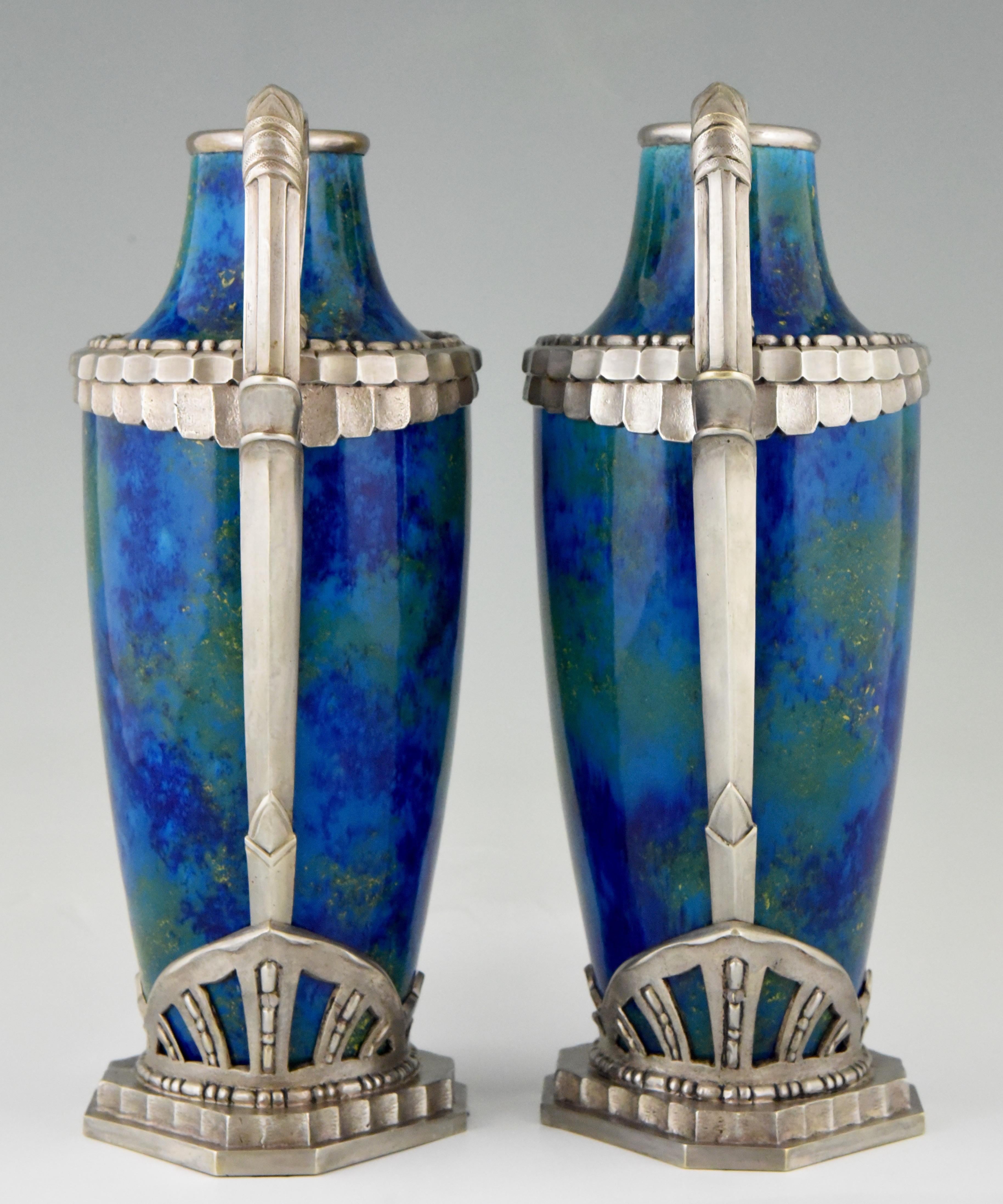 Silvered Pair of Art Deco Blue Ceramic and Bronze Vases Paul Milet for Sevres 1920 France