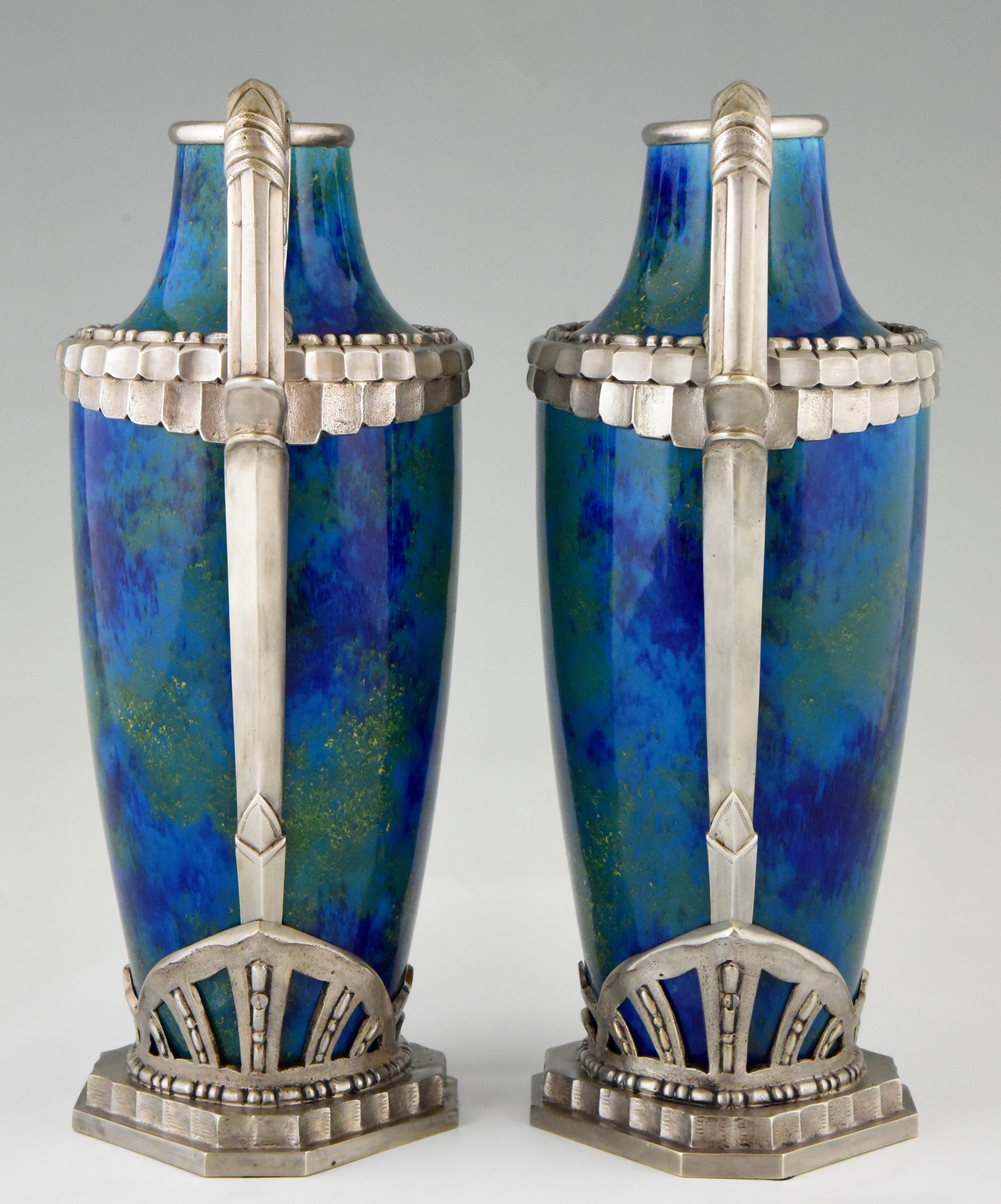 Pair of Art Deco Blue Ceramic and Bronze Vases Paul Milet for Sevres 1920 France In Good Condition In Antwerp, BE