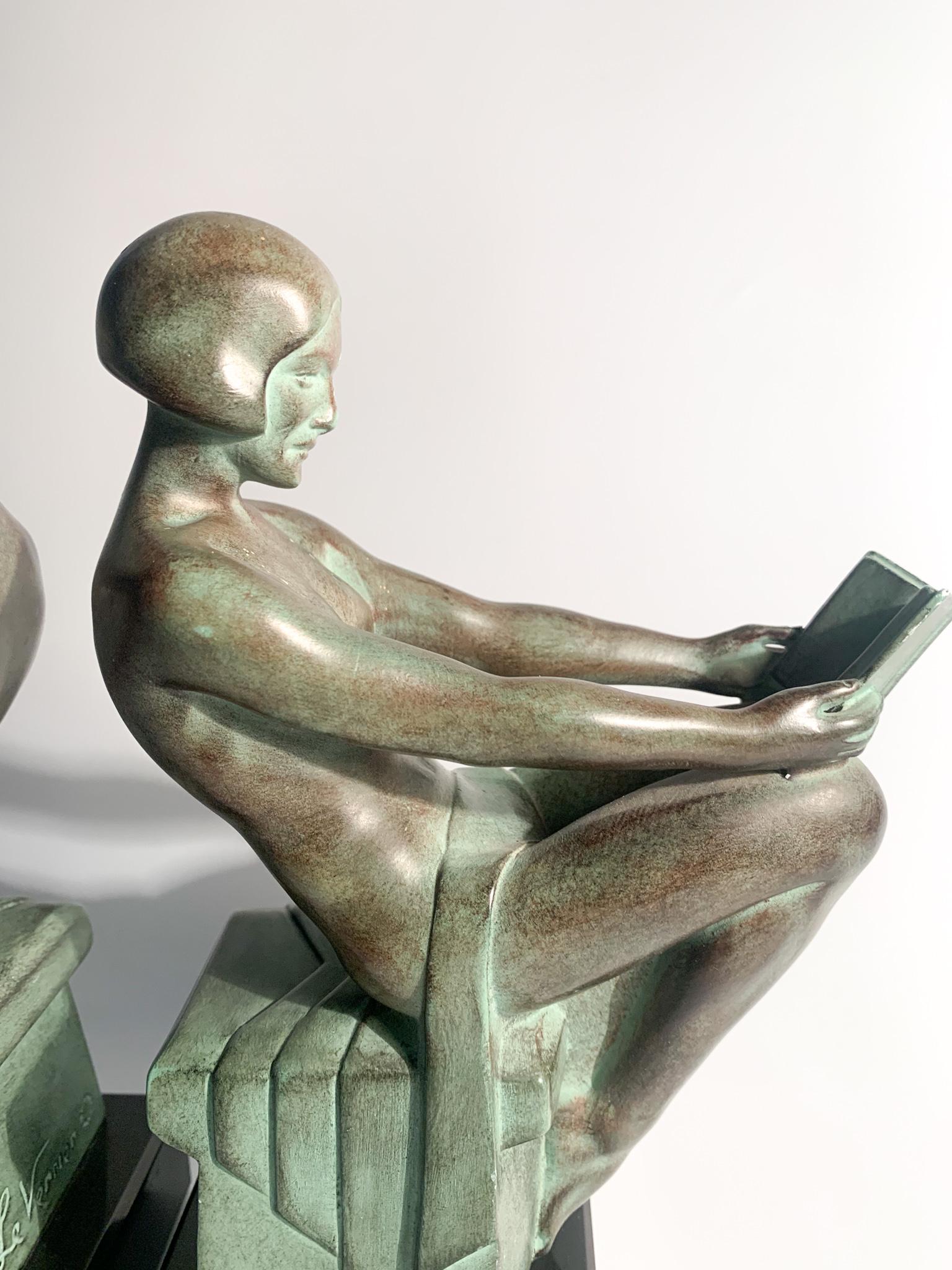 French Pair Art Deco Bookends in Artistic Metal by Max Le Verrier from the 1930s