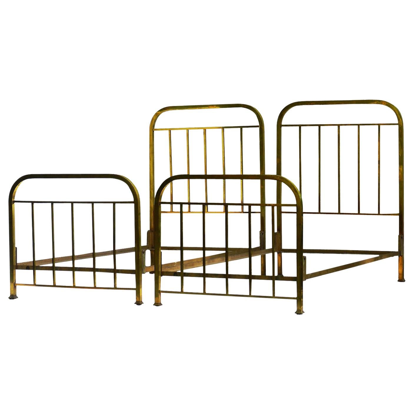 Pair of Art Deco Brass Beds Antique French Single Twin circa 1930 Makers Label