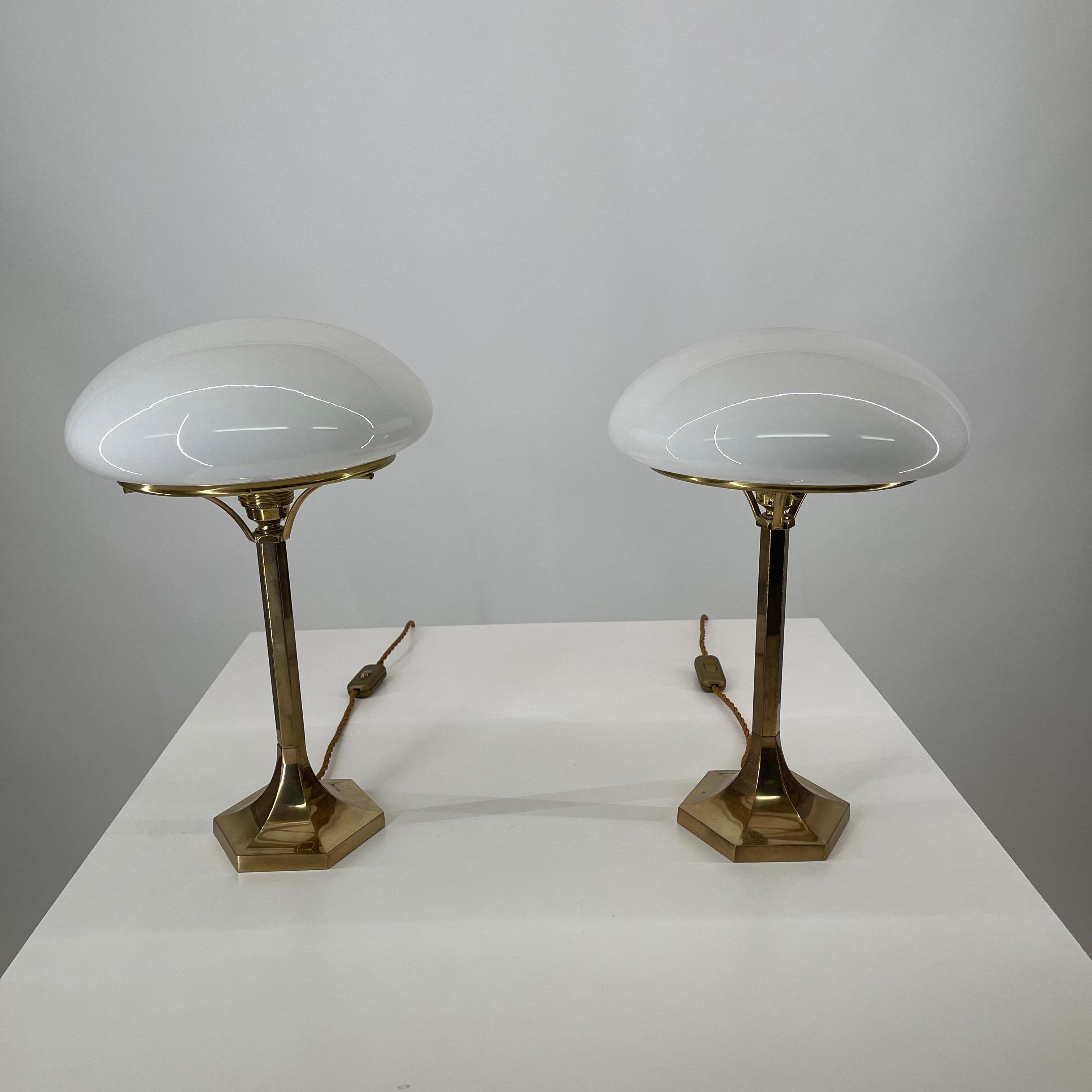 One of 7 Art Deco brass mushroom table lamps, Austria, 1970s. Rewired with cloth cable.