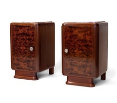 Pair Art Deco Burr Fronted Bedside Cabinets With Marble Tops 1930s
