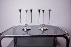 Pair art deco candlesticks in stainless steel 3 flames blue stones, Spain 1970