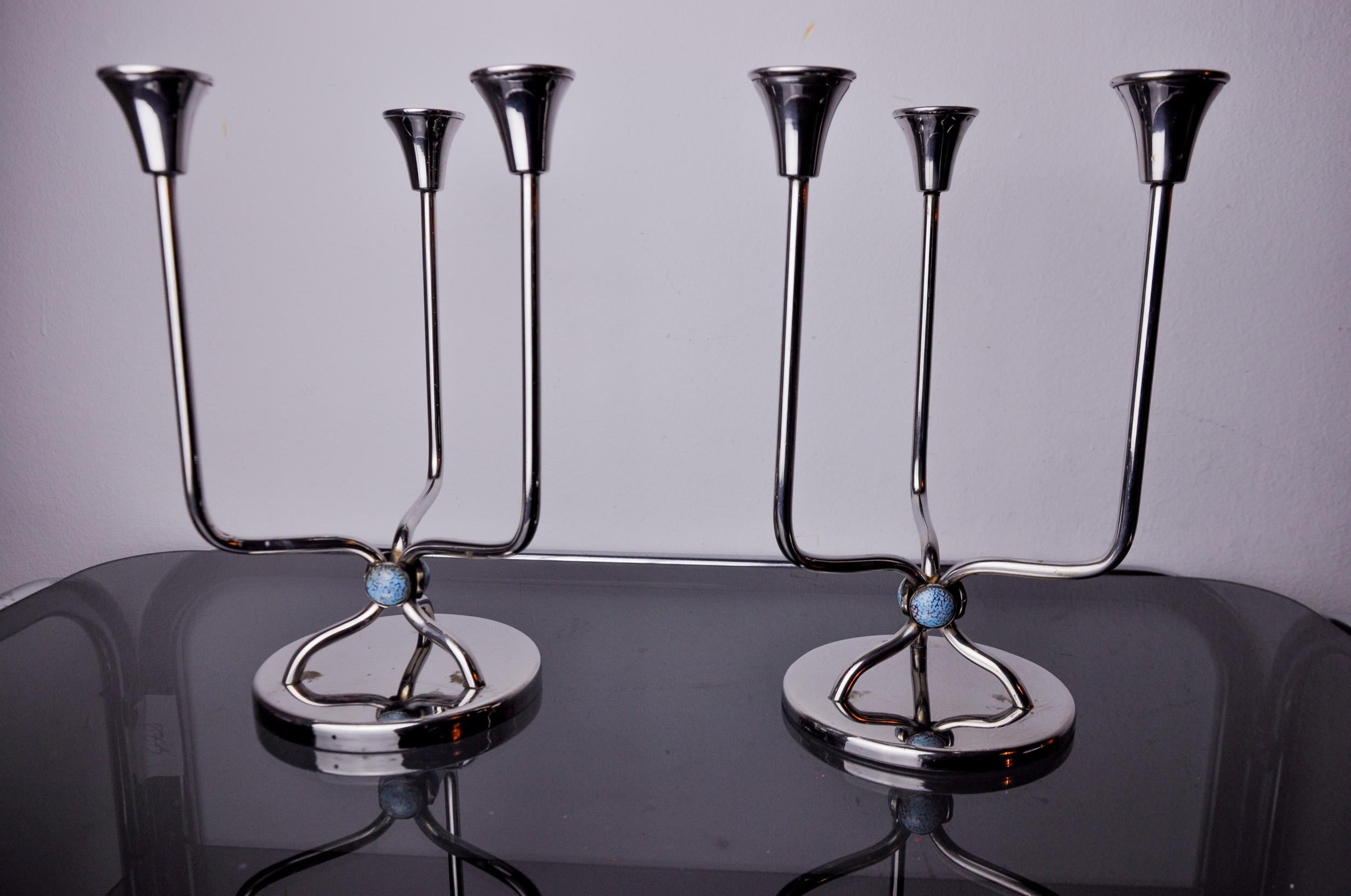 Hollywood Regency Pair art deco candlesticks in stainless steel 3 flames blue stones, Spain 1970 For Sale