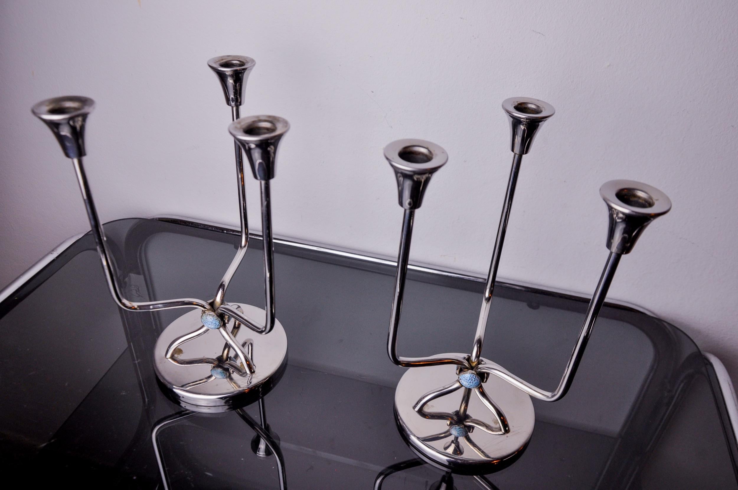 Spanish Pair art deco candlesticks in stainless steel 3 flames blue stones, Spain 1970 For Sale
