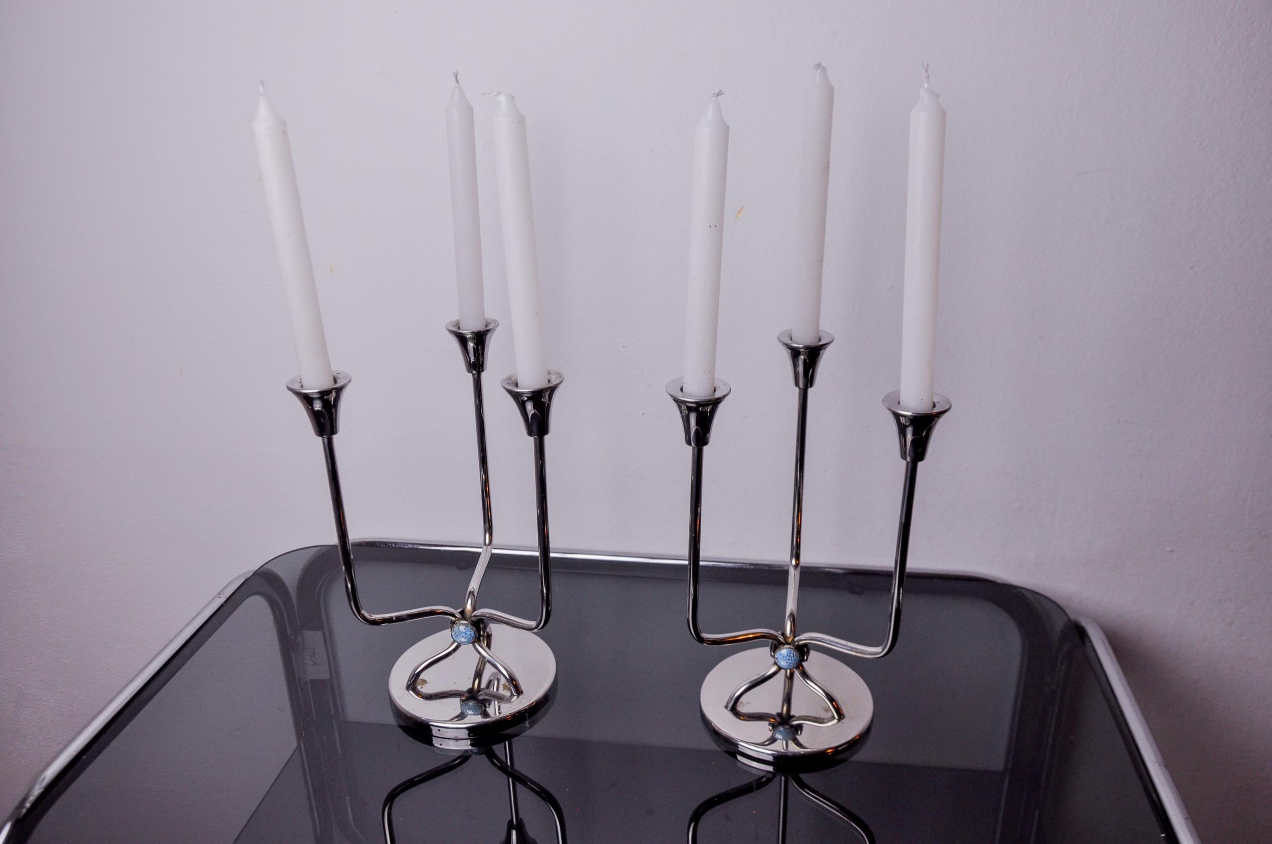 Late 20th Century Pair art deco candlesticks in stainless steel 3 flames blue stones, Spain 1970 For Sale