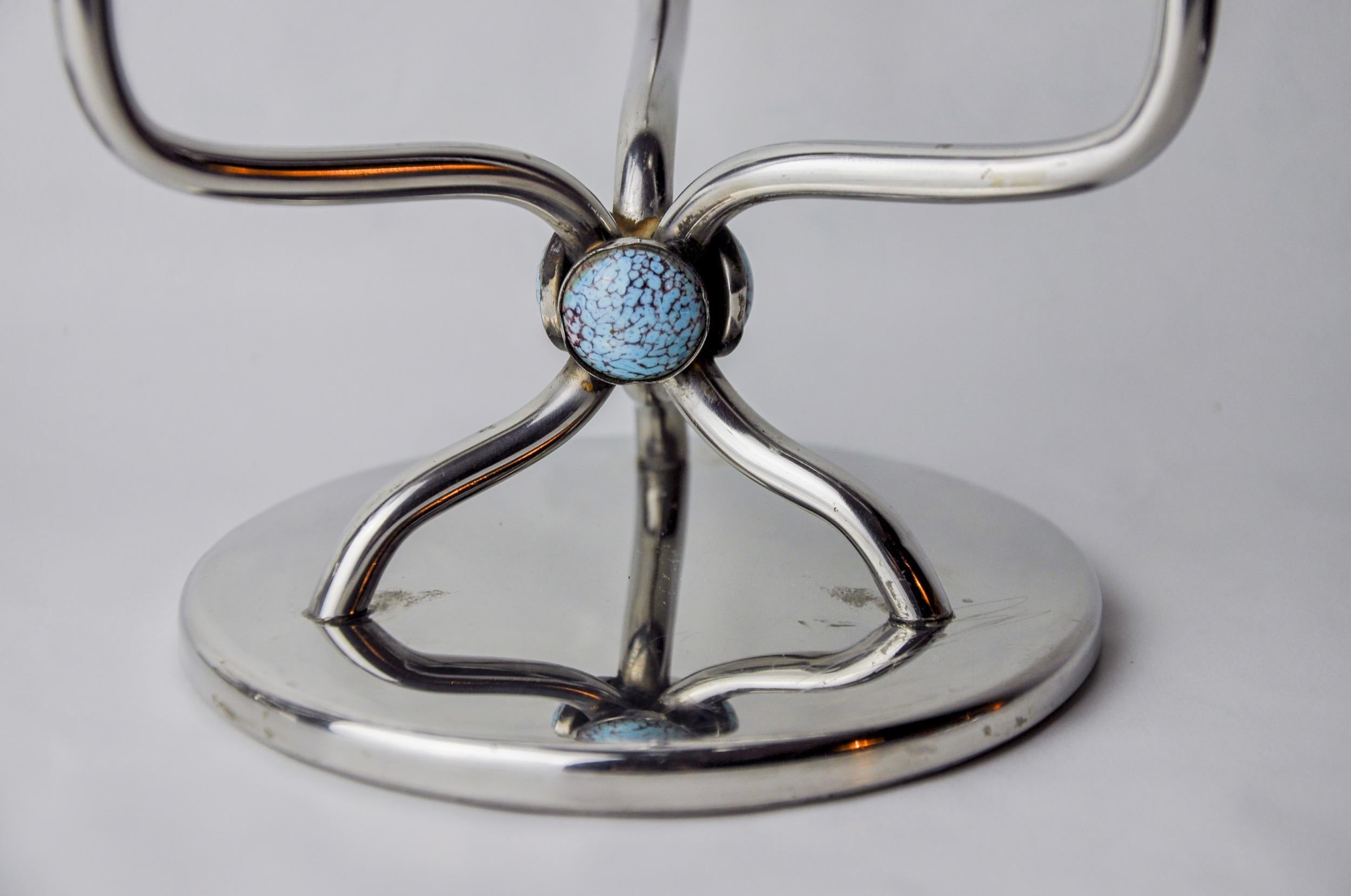 Pair art deco candlesticks in stainless steel 3 flames blue stones, Spain 1970 For Sale 1