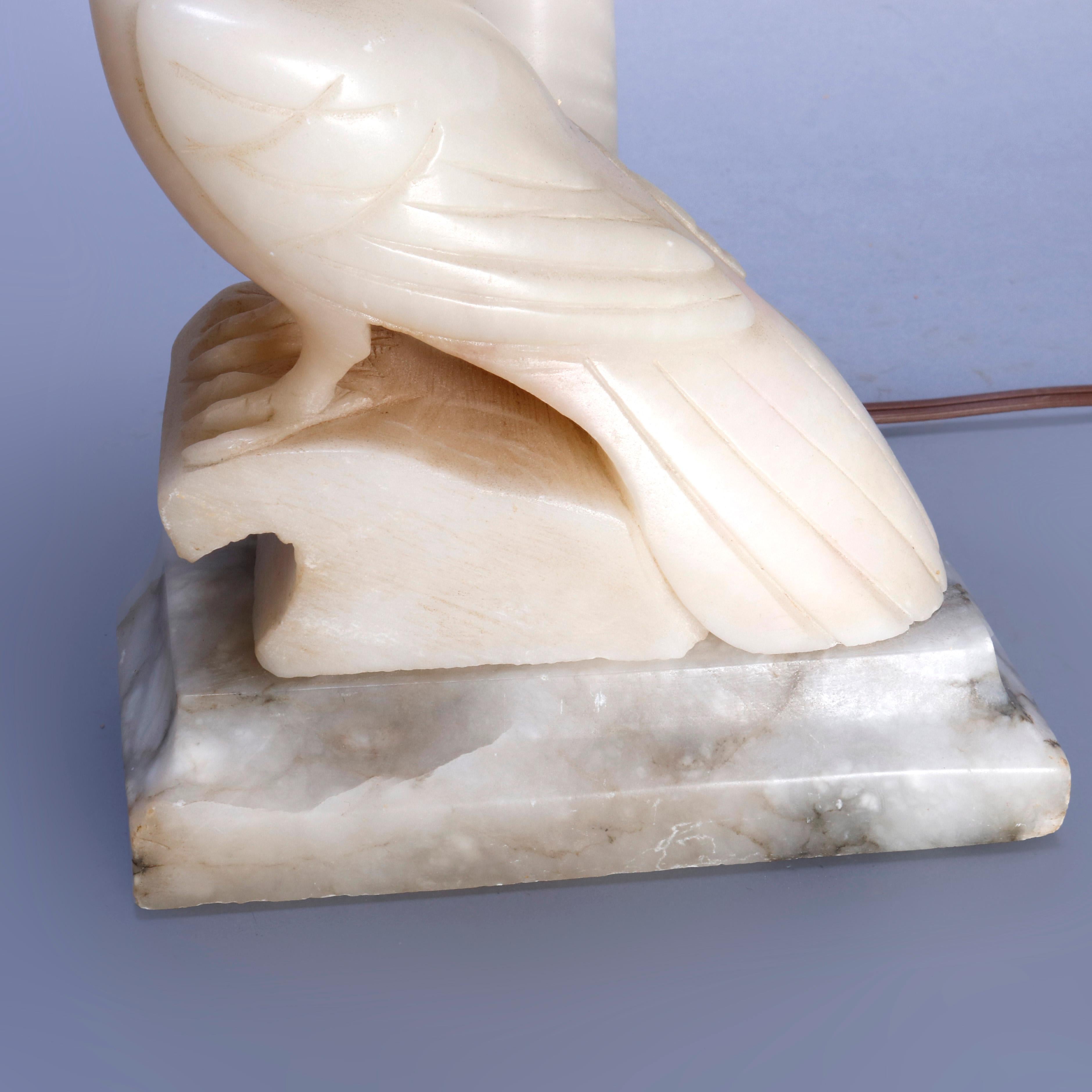 Pair of Art Deco Carved Italian Marble & Alabaster Figural Cockatoo Lamps 7