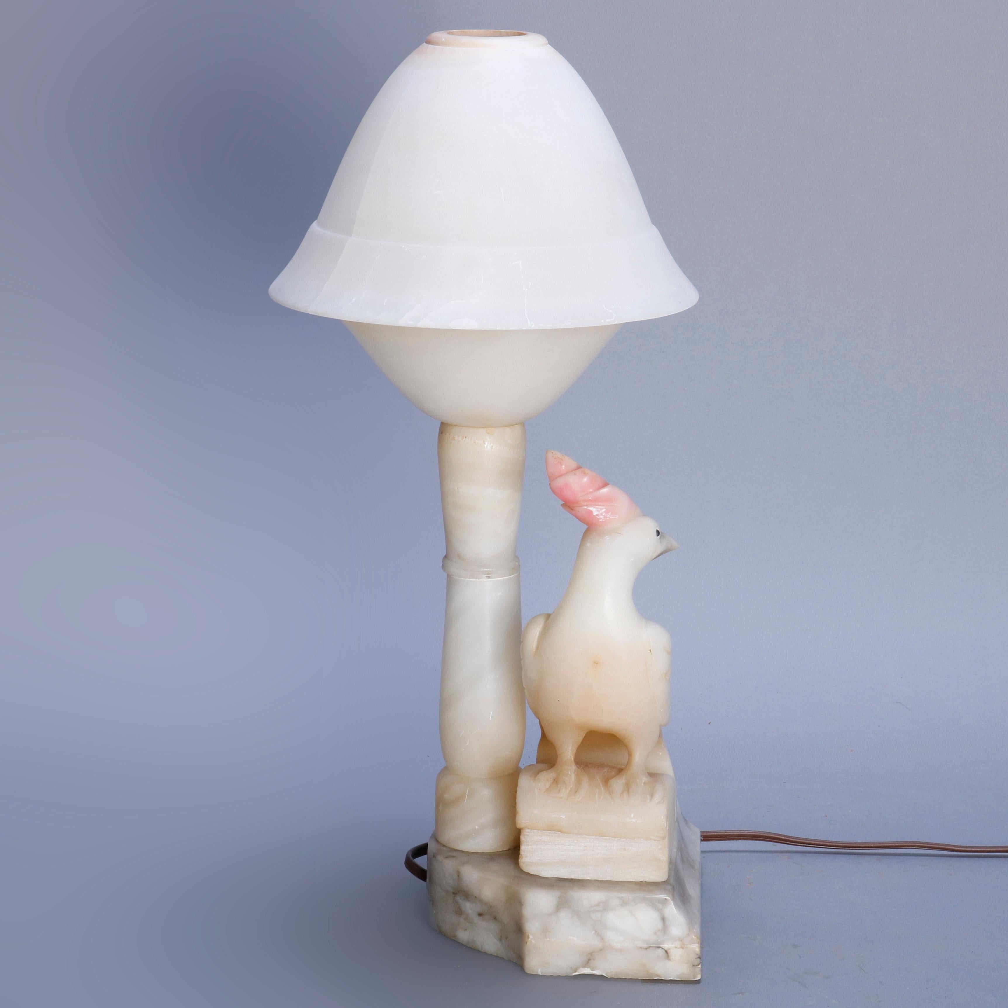 Pair of Art Deco Carved Italian Marble & Alabaster Figural Cockatoo Lamps 8