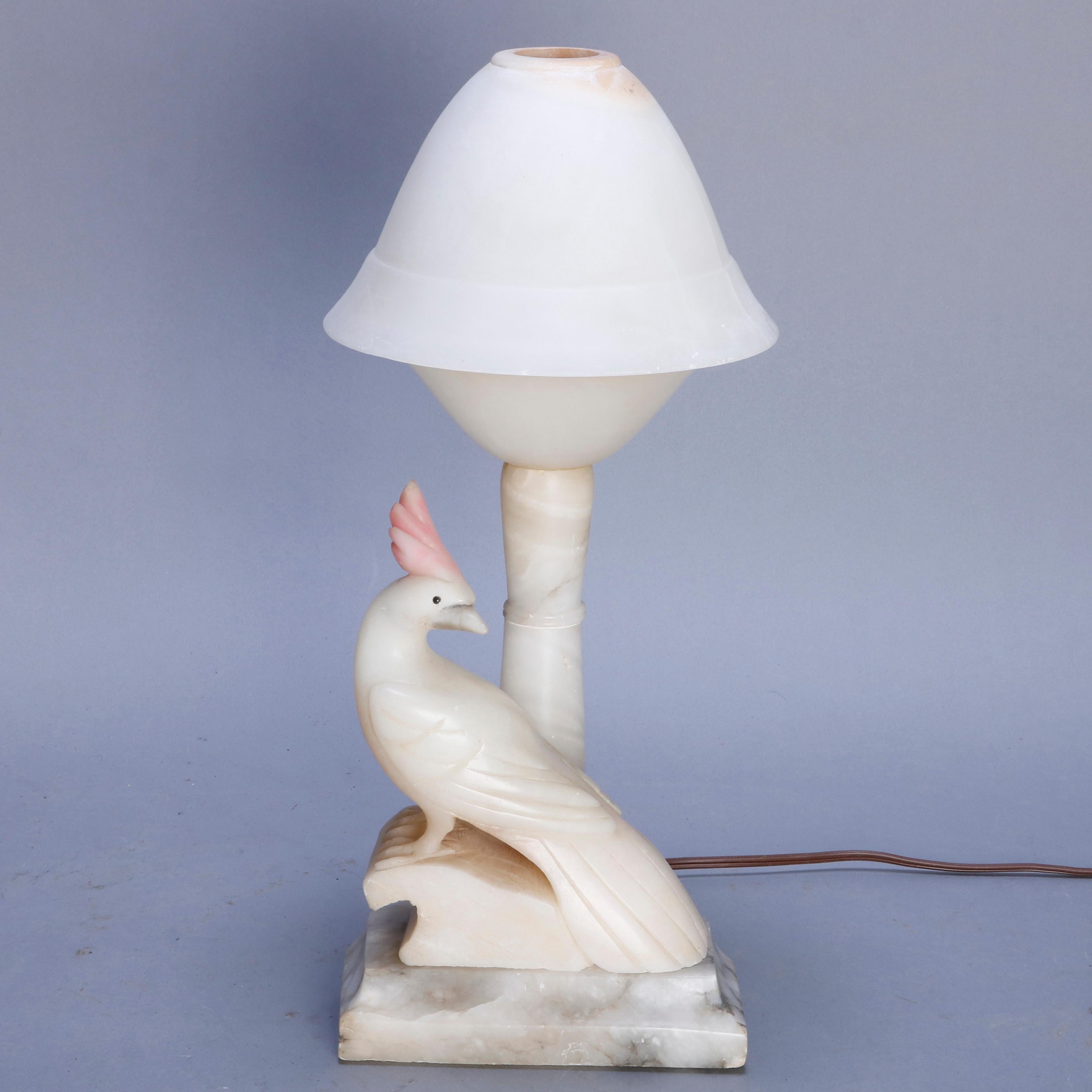 Pair of Art Deco Carved Italian Marble & Alabaster Figural Cockatoo Lamps In Good Condition In Big Flats, NY