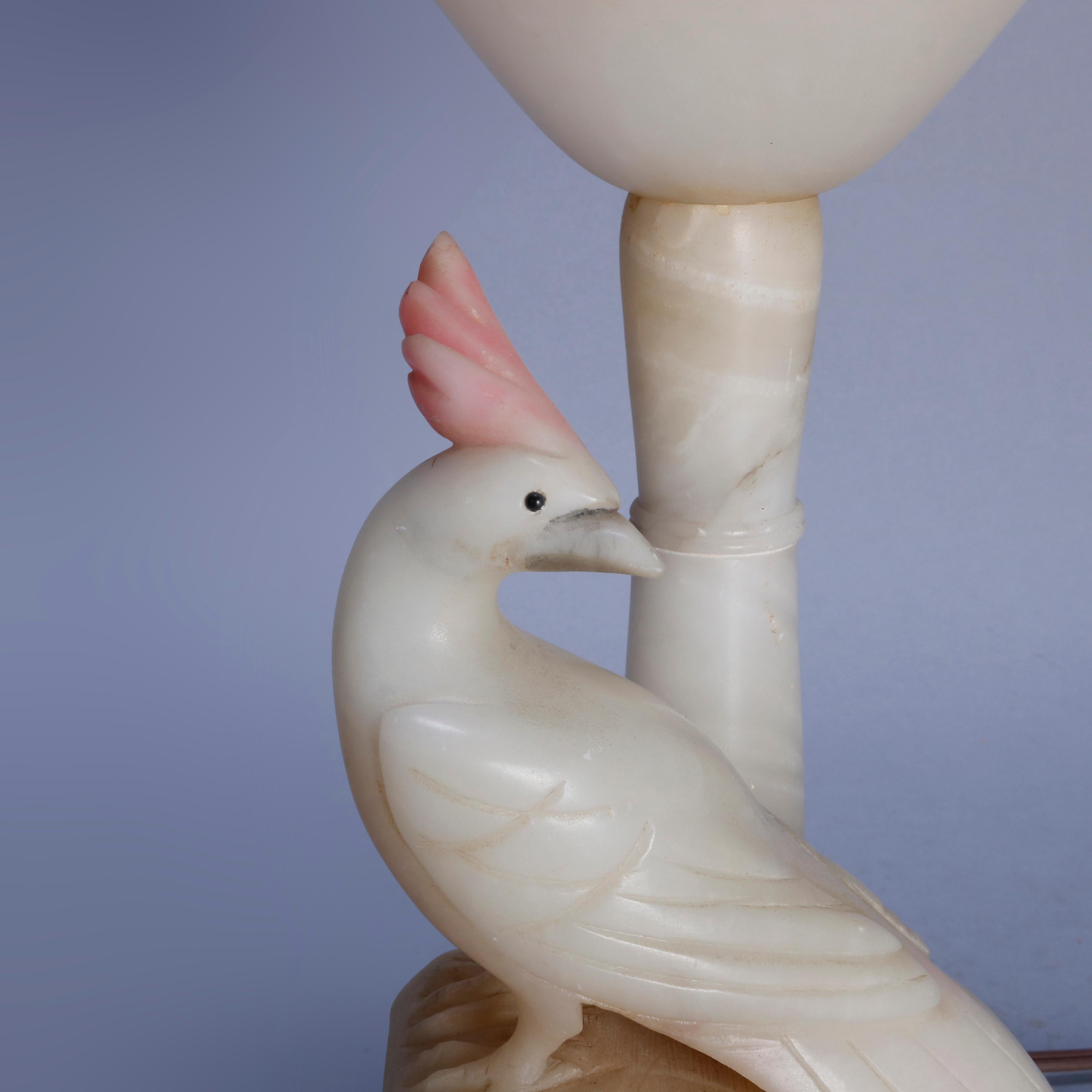 20th Century Pair of Art Deco Carved Italian Marble & Alabaster Figural Cockatoo Lamps