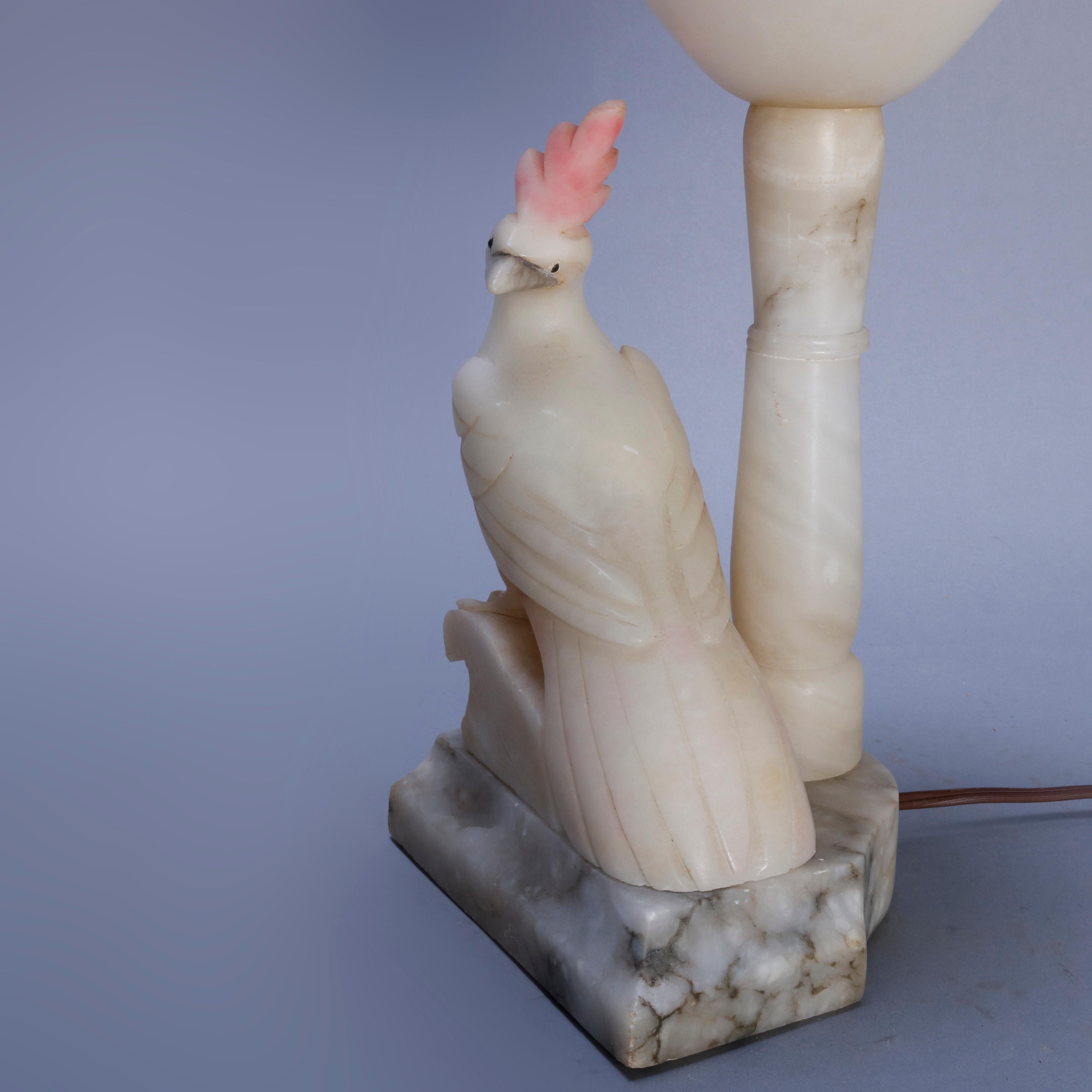 Pair of Art Deco Carved Italian Marble & Alabaster Figural Cockatoo Lamps 1