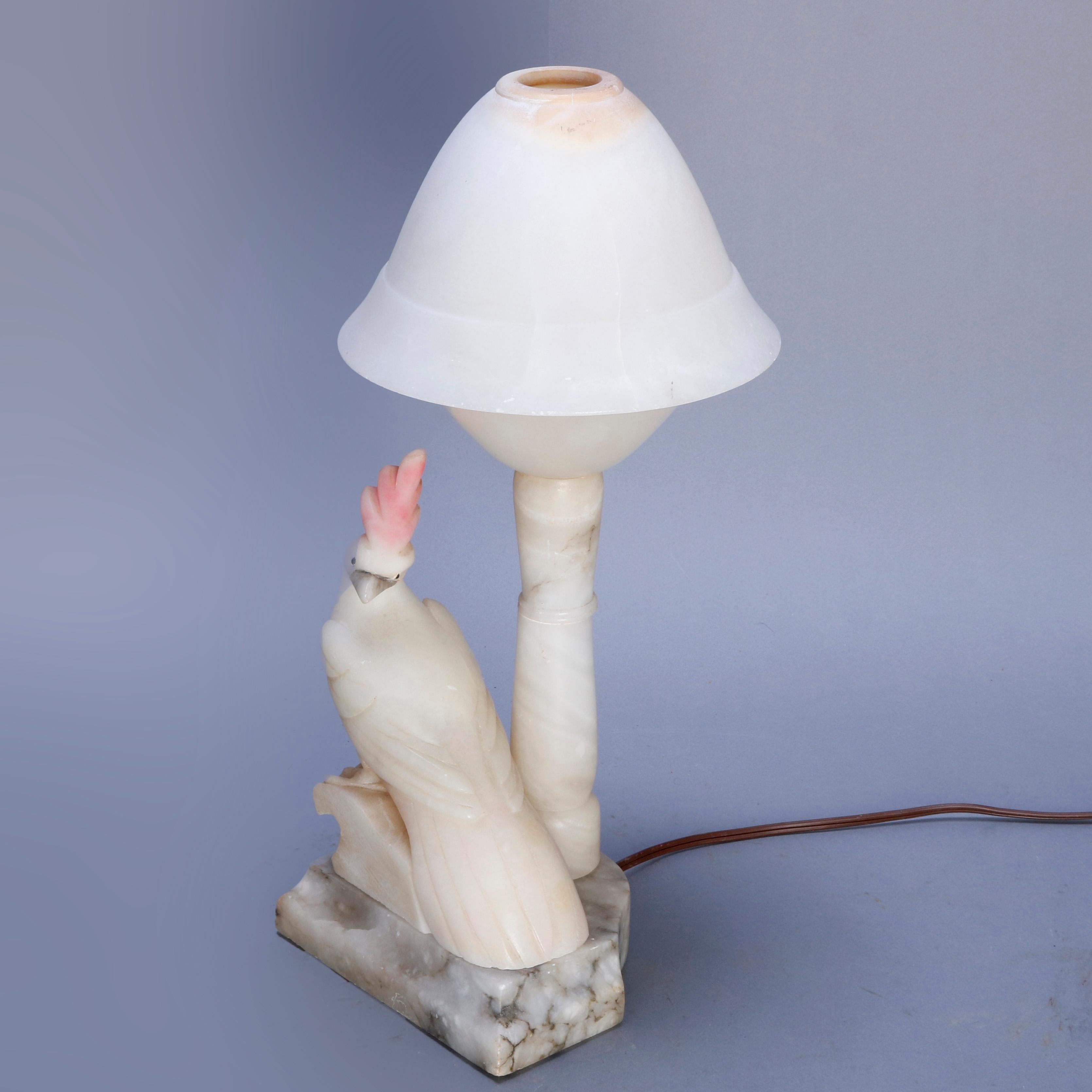 Pair of Art Deco Carved Italian Marble & Alabaster Figural Cockatoo Lamps 2