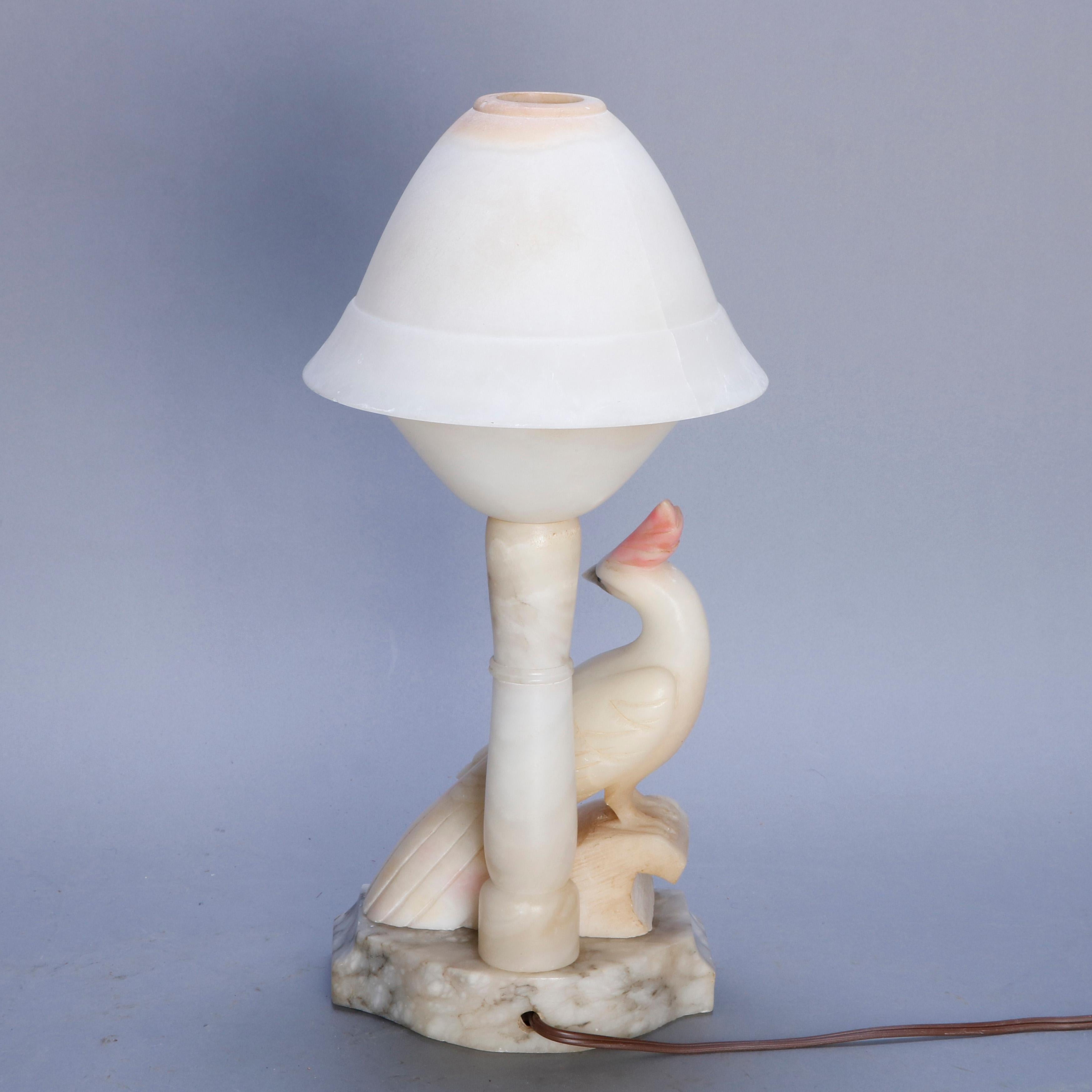 Pair of Art Deco Carved Italian Marble & Alabaster Figural Cockatoo Lamps 4