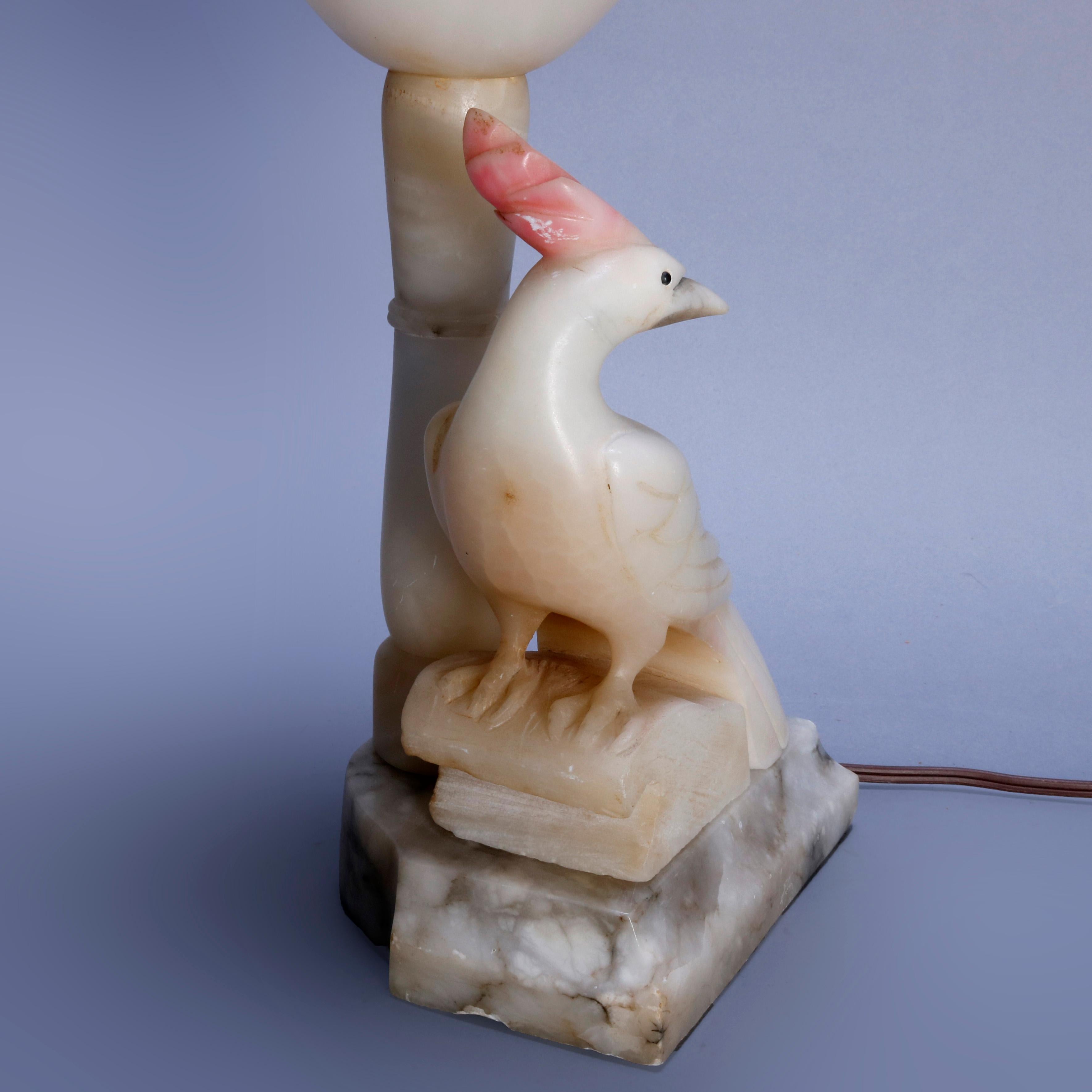 Pair of Art Deco Carved Italian Marble & Alabaster Figural Cockatoo Lamps 5