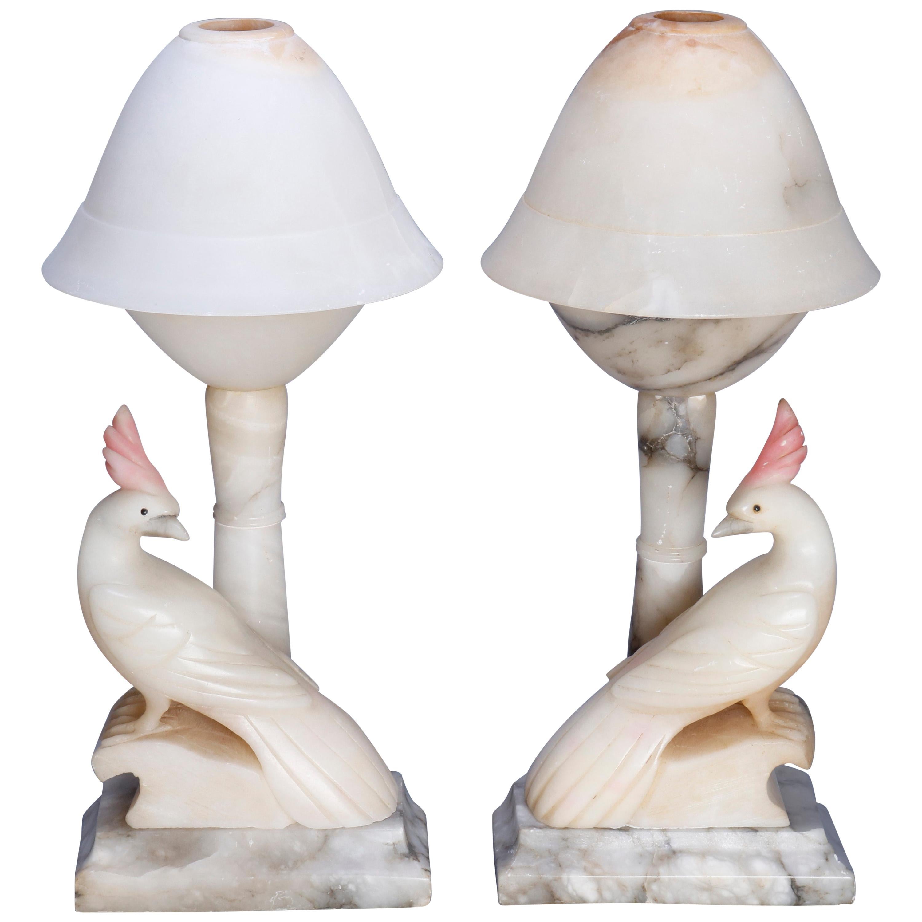 Pair of Art Deco Carved Italian Marble & Alabaster Figural Cockatoo Lamps
