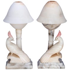 Vintage Pair of Art Deco Carved Italian Marble & Alabaster Figural Cockatoo Lamps