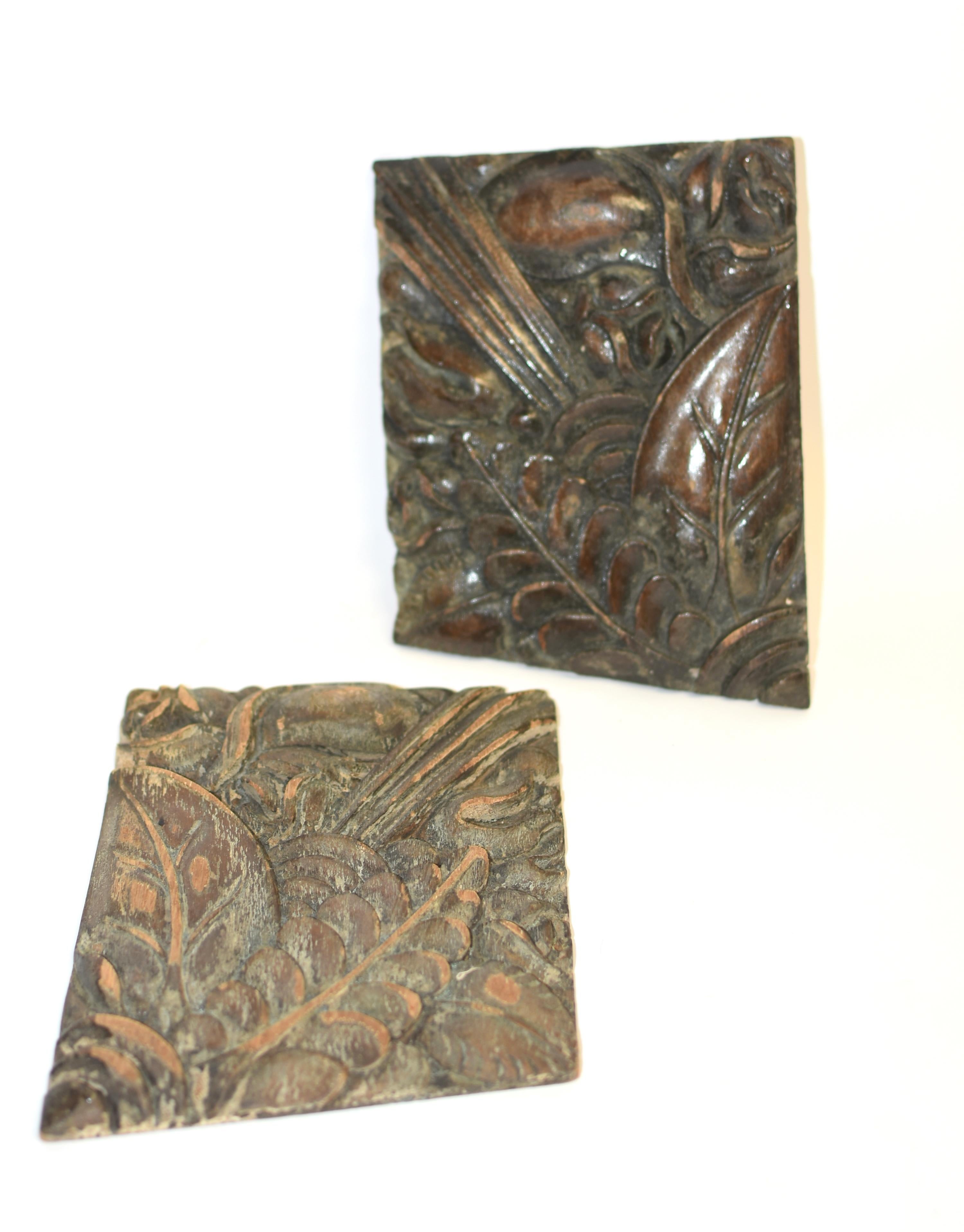 Pair Art Deco Carved Wood Fragments Magnolia Motif For Sale 6