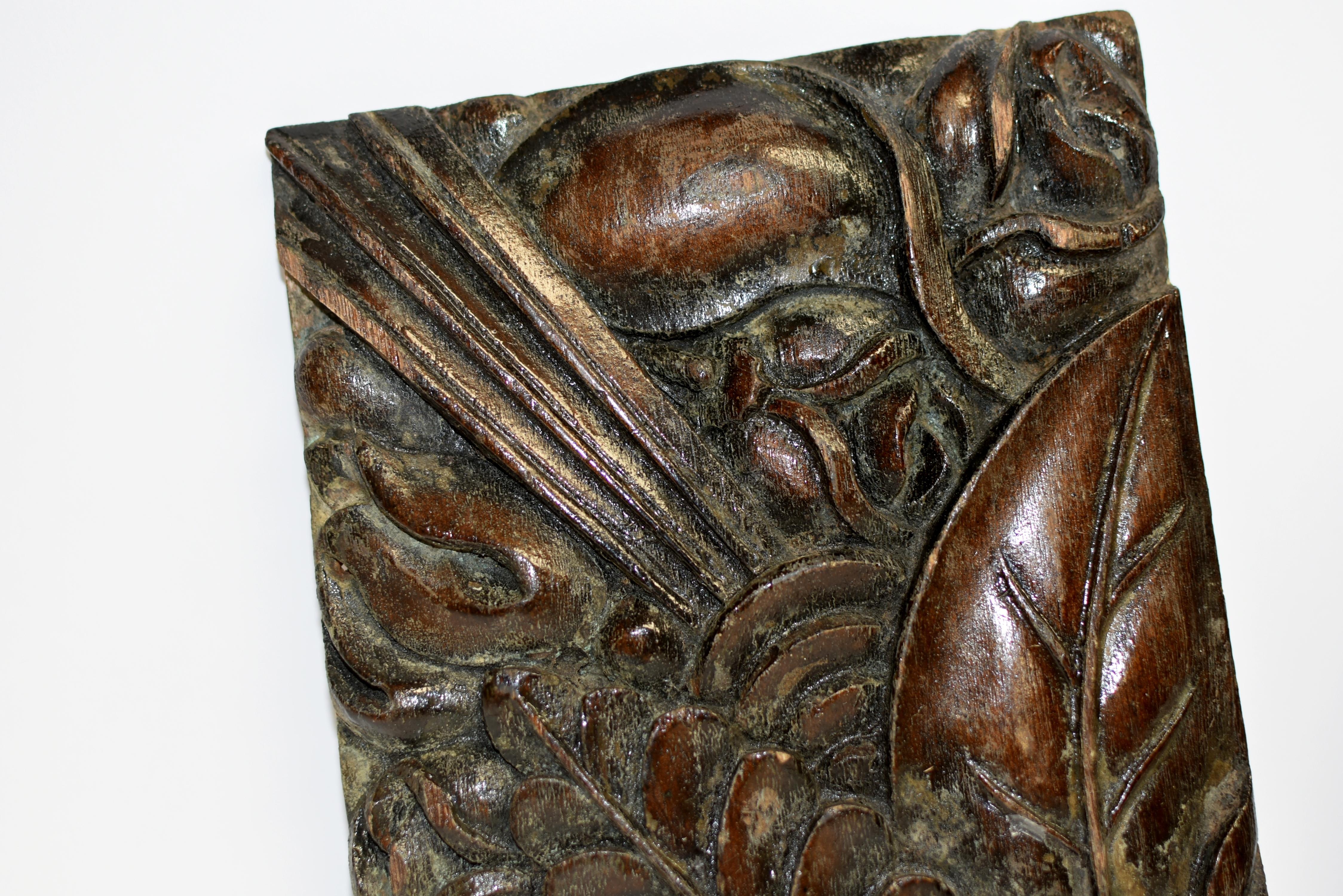20th Century Pair Art Deco Carved Wood Fragments Magnolia Motif For Sale