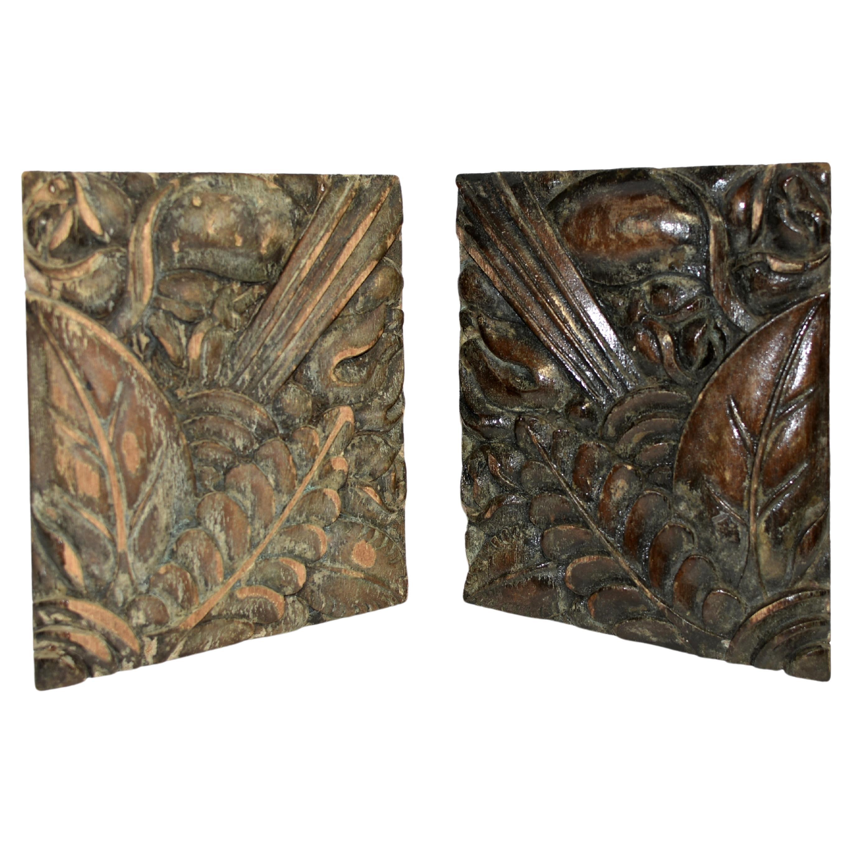 Pair Art Deco Carved Wood Fragments Magnolia Motif For Sale