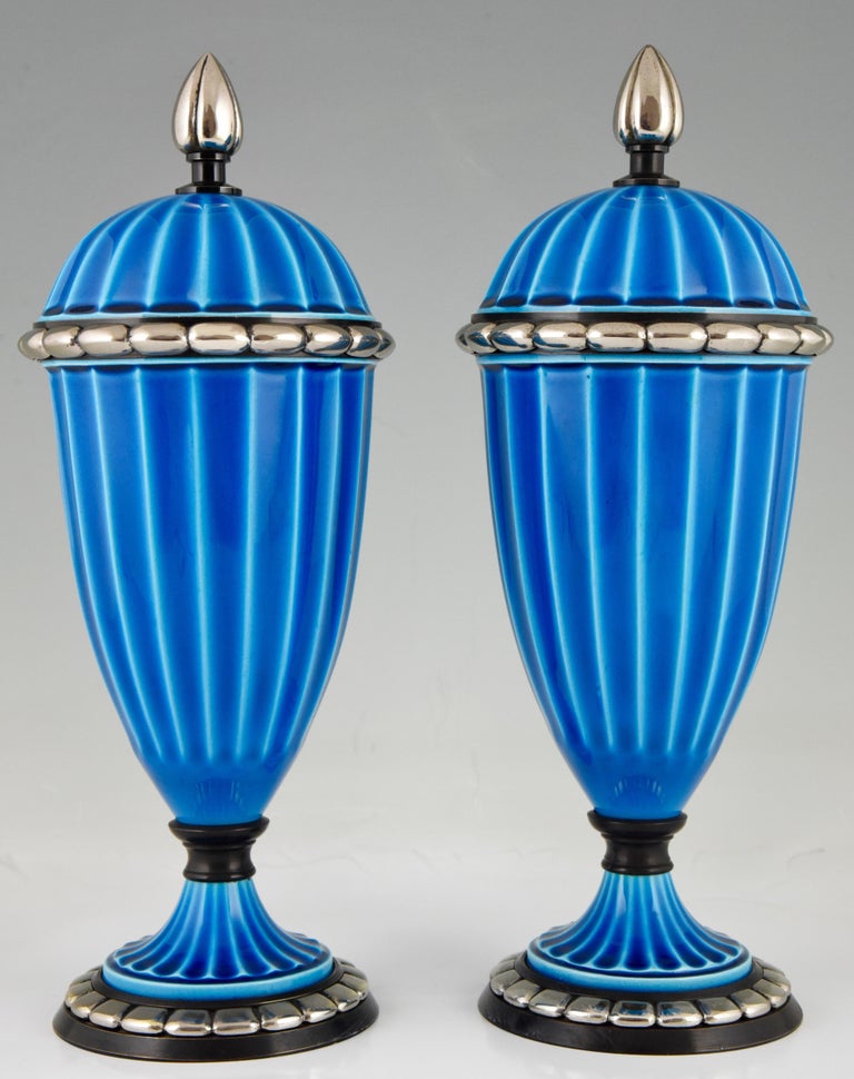 Pair Of Art Deco Ceramic Vases Or Urns With Blue Glaze Paul Milet