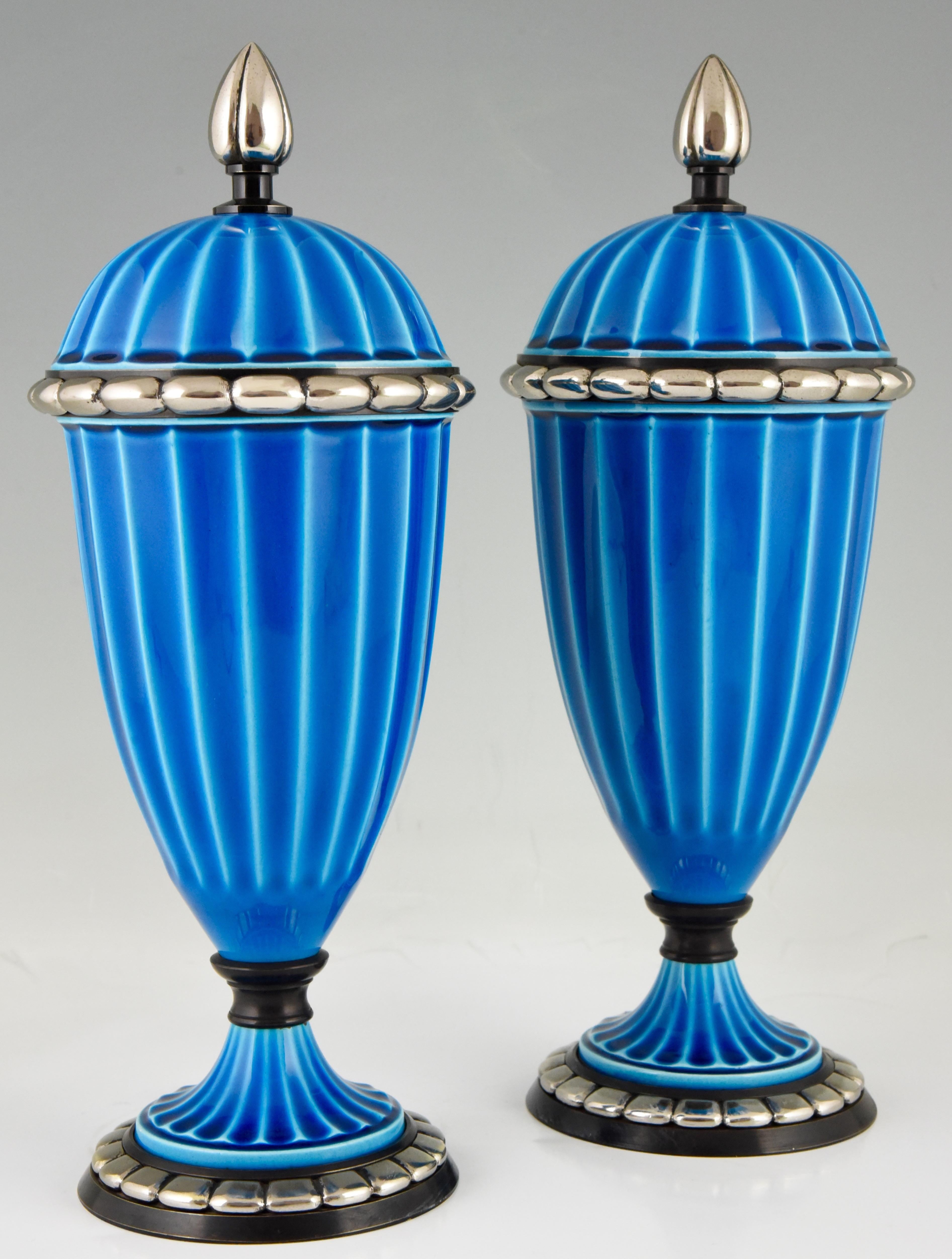 French Pair of Art Deco Ceramic Vases or Urns with Blue Glaze Paul Milet for Sèvres