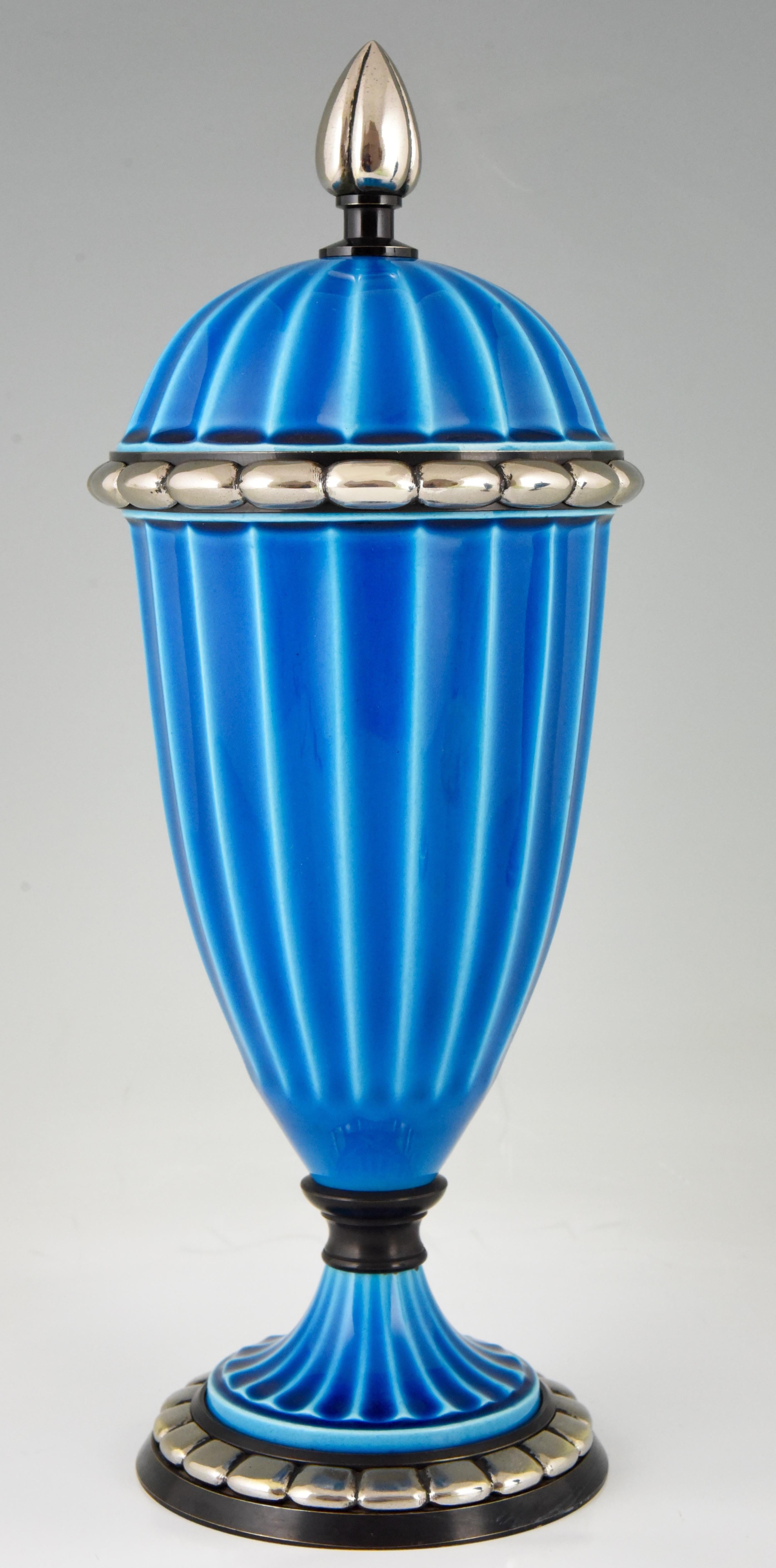 Pair of Art Deco Ceramic Vases or Urns with Blue Glaze Paul Milet for Sèvres In Good Condition In Antwerp, BE