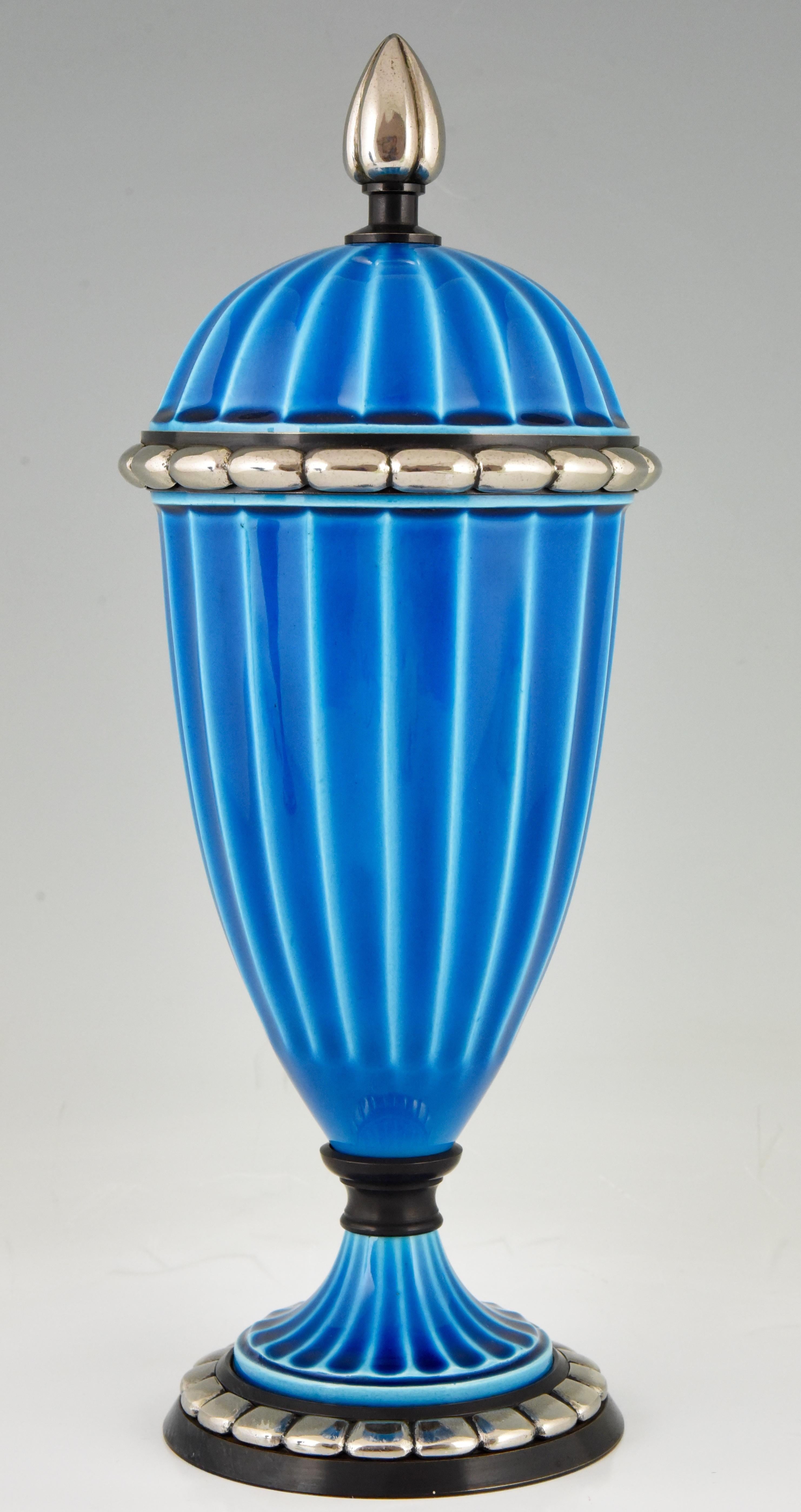 20th Century Pair of Art Deco Ceramic Vases or Urns with Blue Glaze Paul Milet for Sèvres