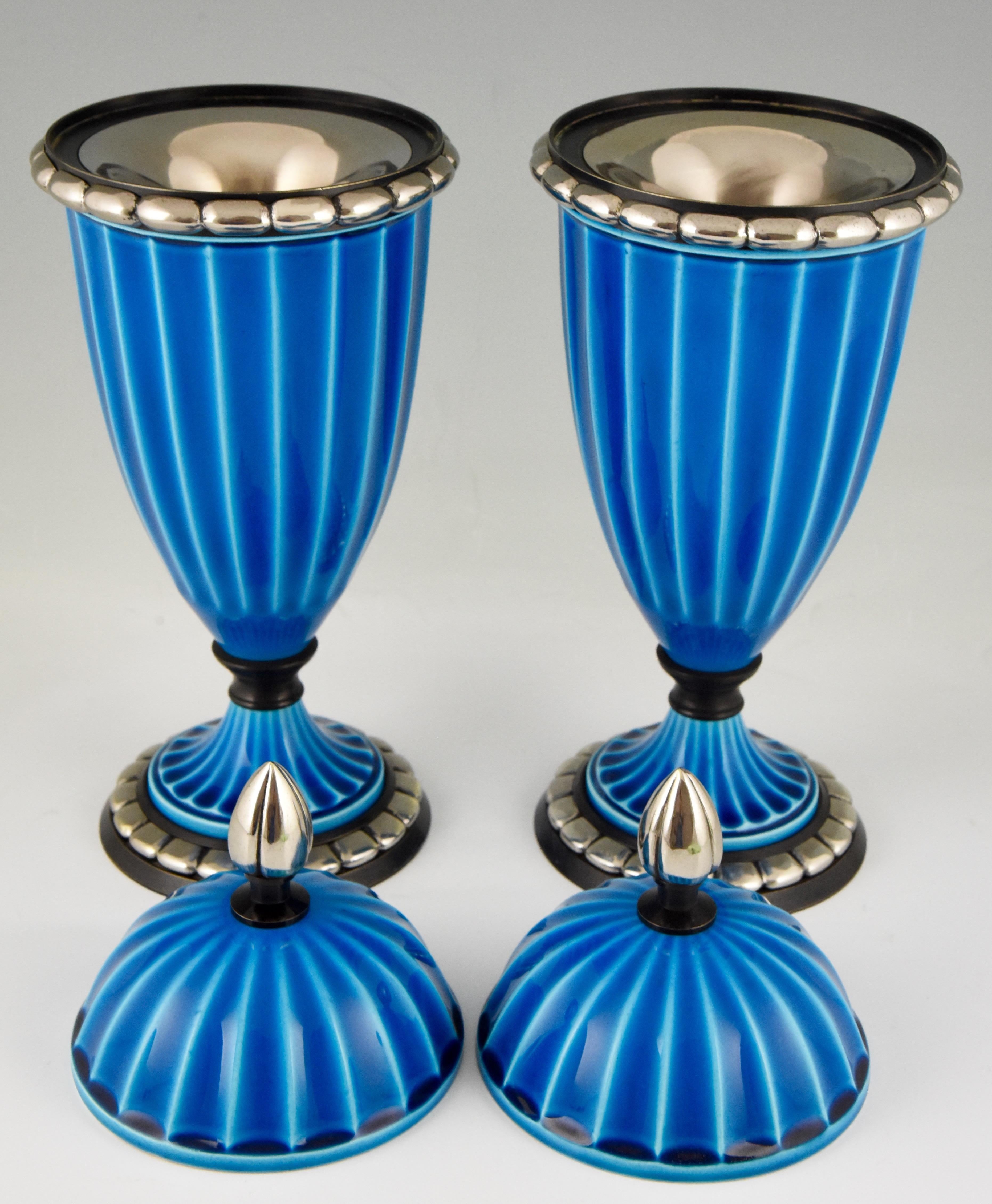 Bronze Pair of Art Deco Ceramic Vases or Urns with Blue Glaze Paul Milet for Sèvres
