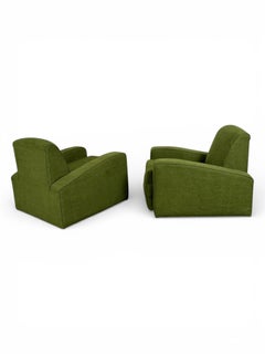 Pair Art Deco Club Chairs - France Circa 1930s - Green Velvet Speed Armchairs