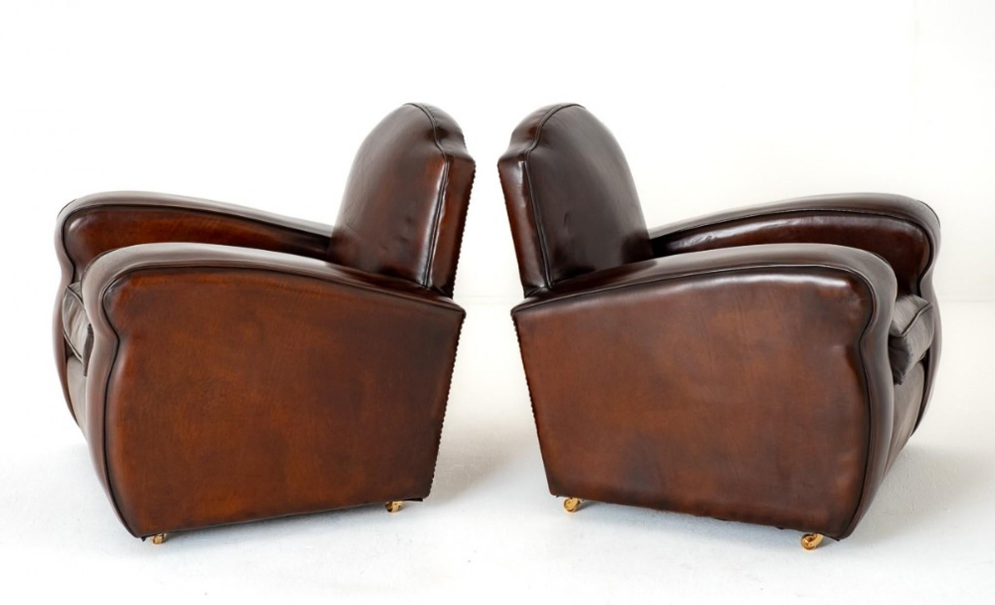 Pair Art Deco Club Chairs Vintage 1930s Leather In Good Condition For Sale In Potters Bar, GB