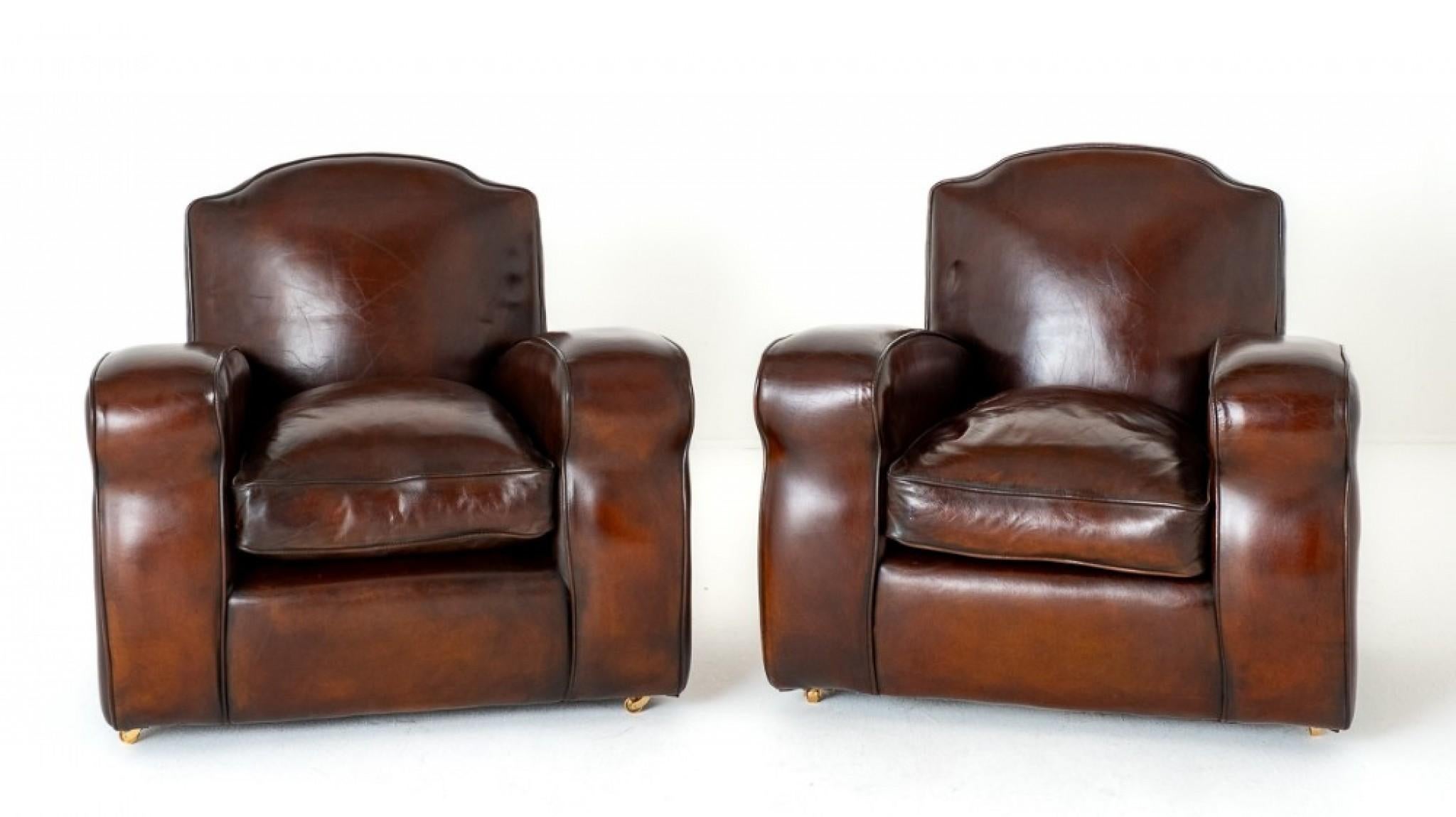 Paire de fauteuils club Art déco vintage en cuir des années 1930 en vente 2