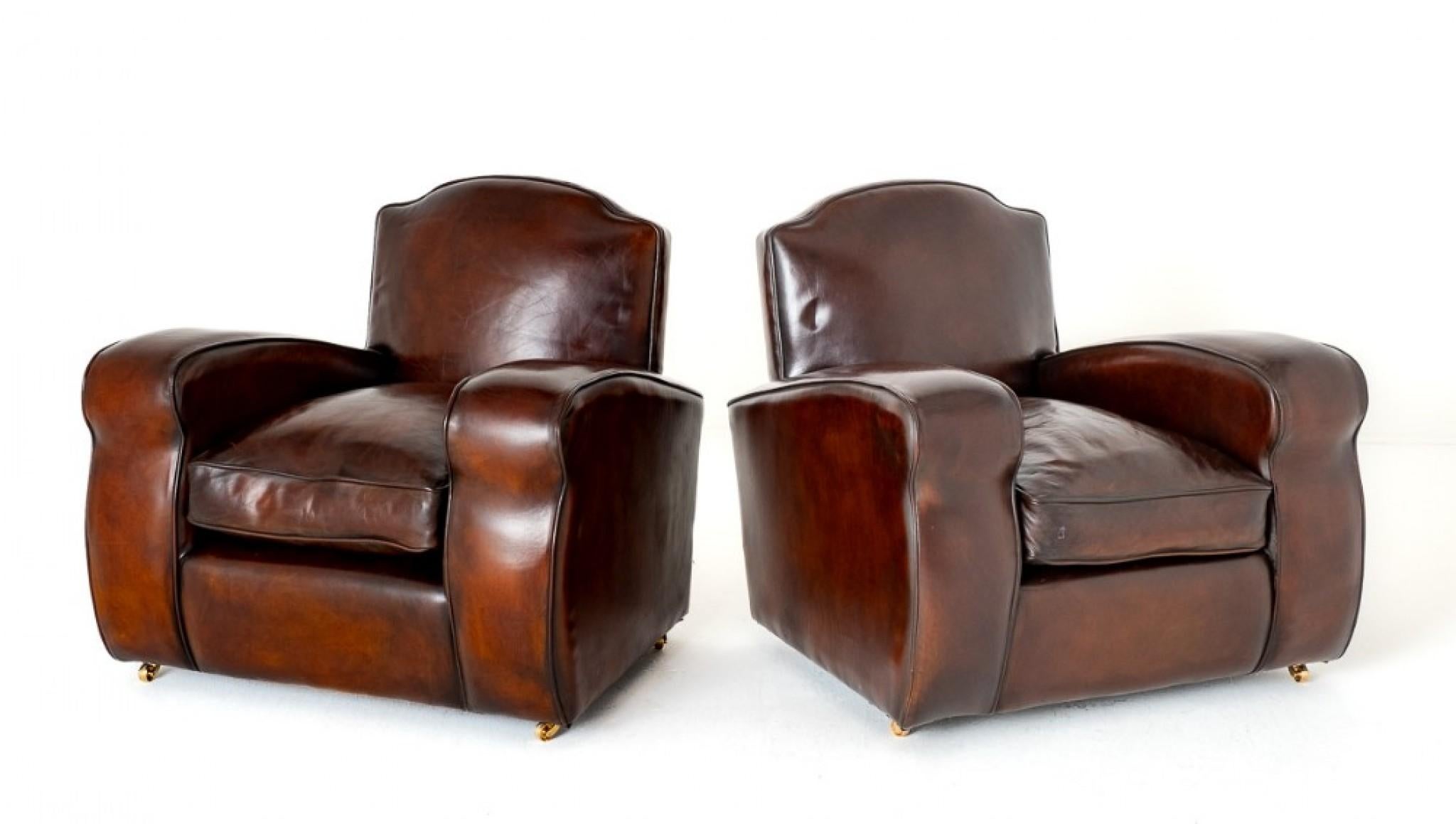 Paire de fauteuils club Art déco vintage en cuir des années 1930 en vente 3