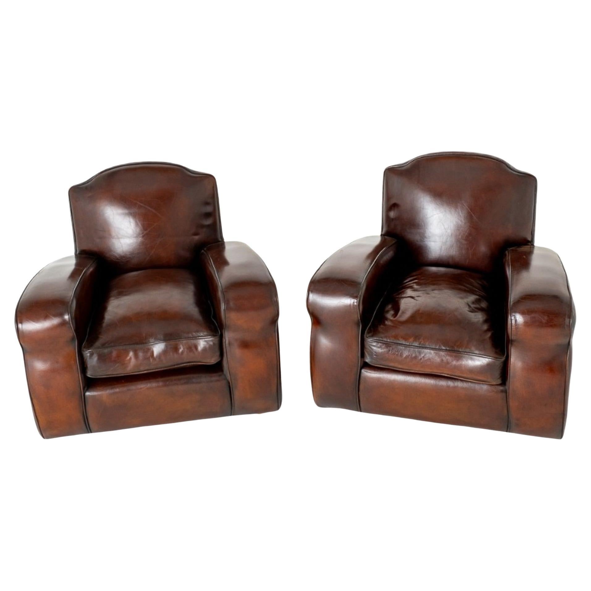 Pair Art Deco Club Chairs Vintage 1930s Leather For Sale