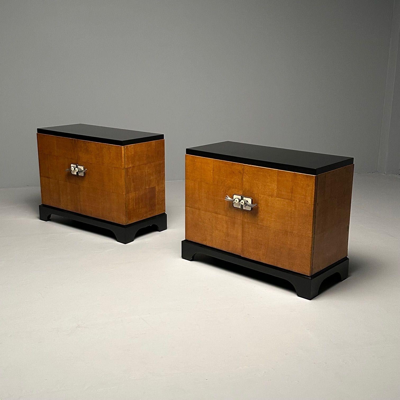 Pair Art Deco Ebony and Parquetry Commodes, Nightstands, Chest, James Mont Style 4