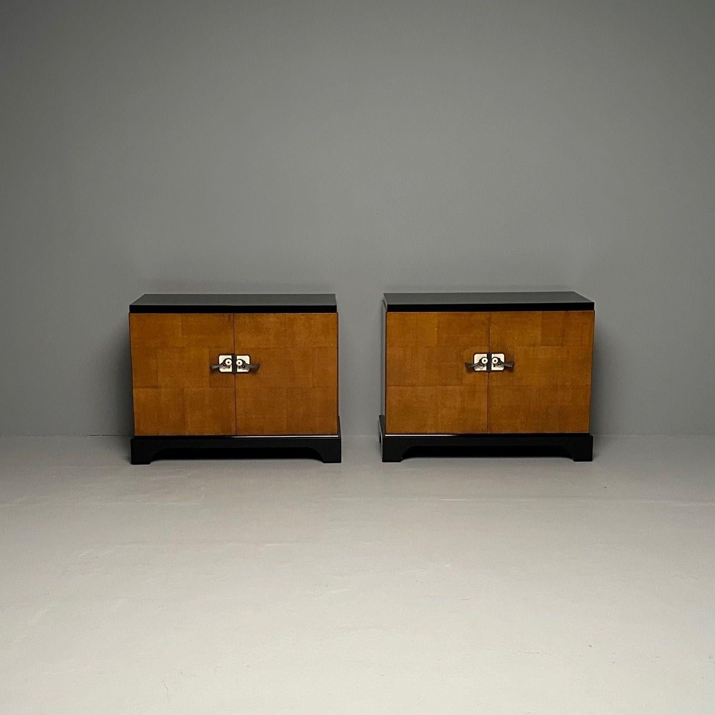 Pair Art Deco Ebony and Parquetry Commodes, Nightstands, Chest, James Mont Style 7