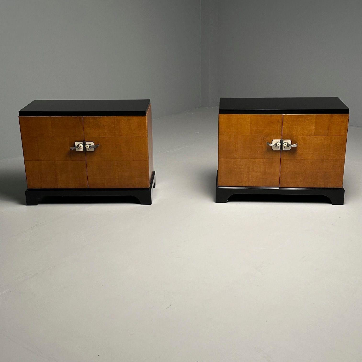 Pair Art Deco Ebony and Parquetry Commodes, Nightstands, Chest, James Mont Style 10