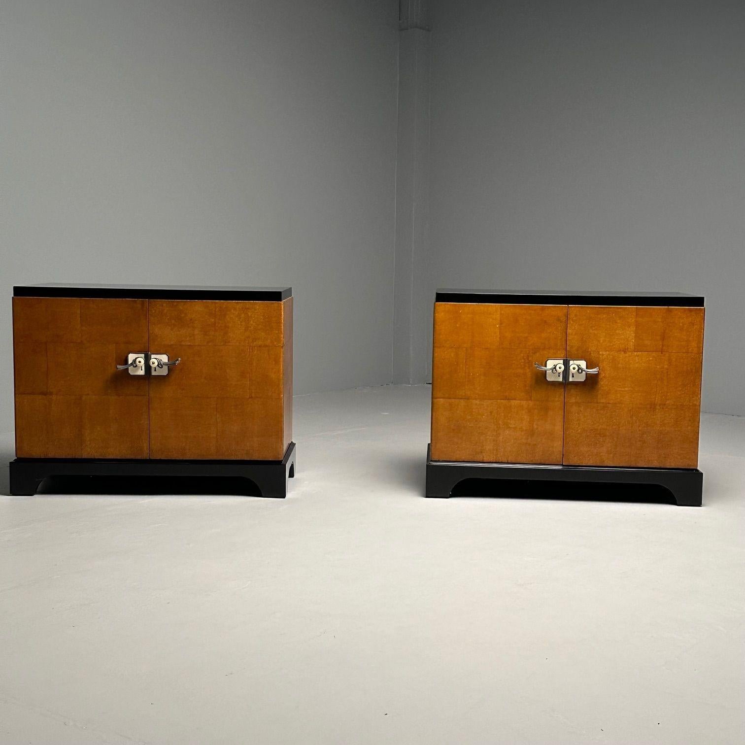 Pair Art Deco Ebony and Parquetry Commodes, Nightstands, Chest, James Mont Style 11