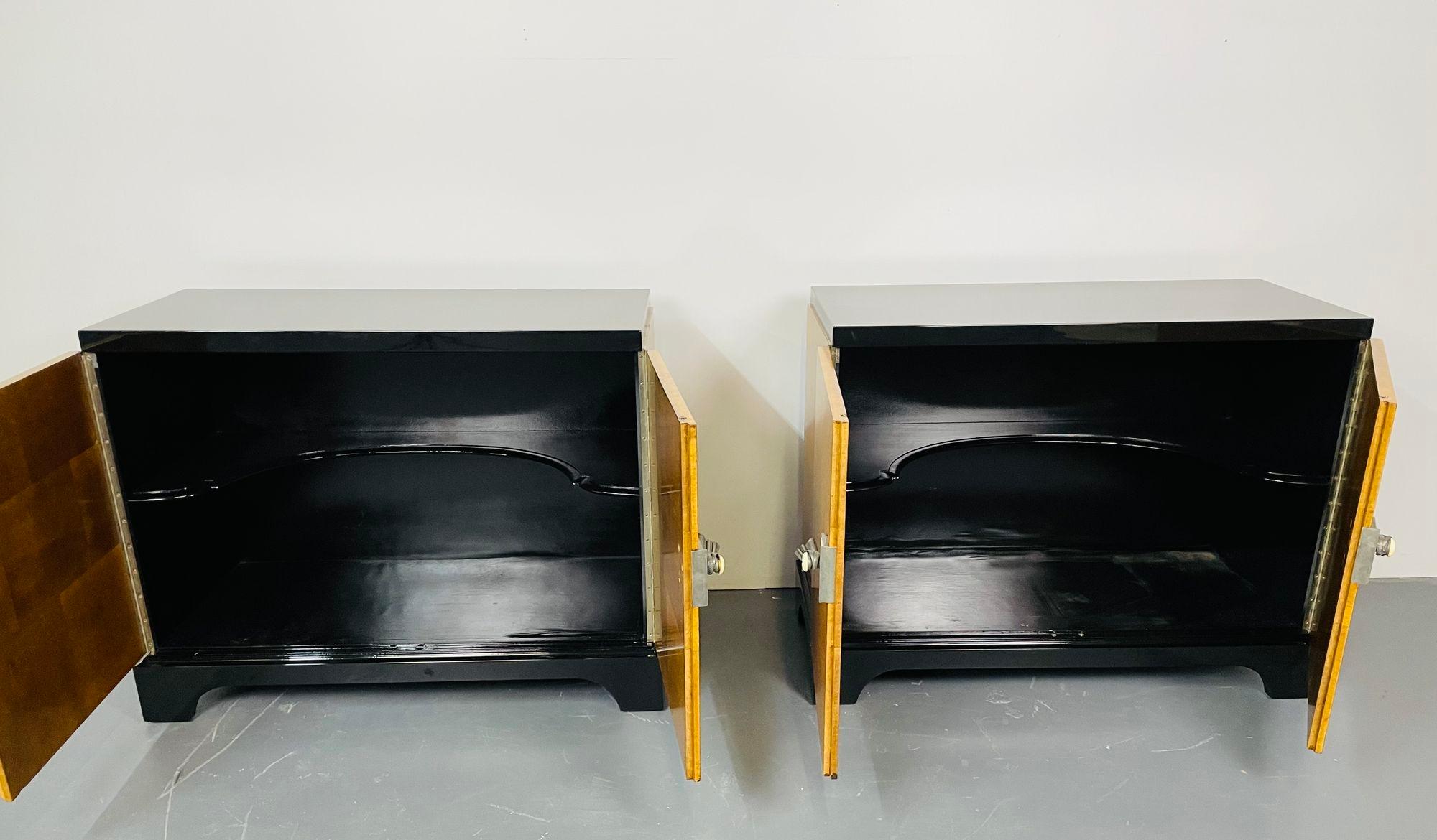 Pair Art Deco Ebony and Parquetry Commodes, Nightstands, Chest, James Mont Style 14