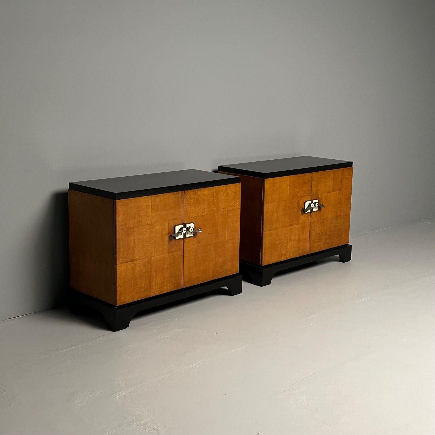 French Pair Art Deco Ebony and Parquetry Commodes, Nightstands, Chest, James Mont Style