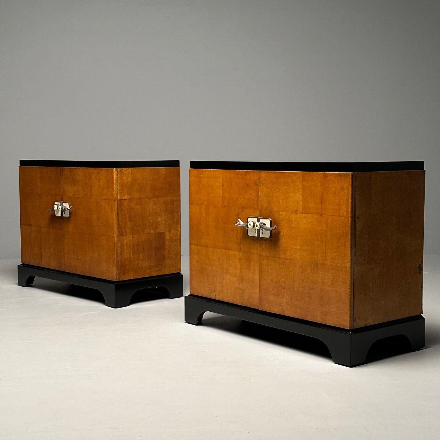 Pair Art Deco Ebony and Parquetry Commodes, Nightstands, Chest, James Mont Style In Good Condition In Stamford, CT