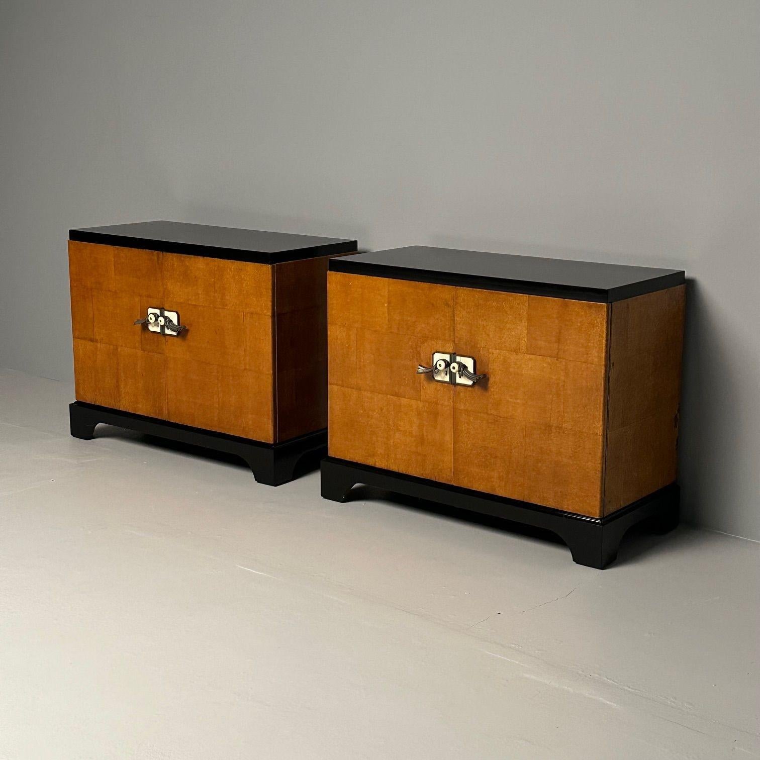 20th Century Pair Art Deco Ebony and Parquetry Commodes, Nightstands, Chest, James Mont Style
